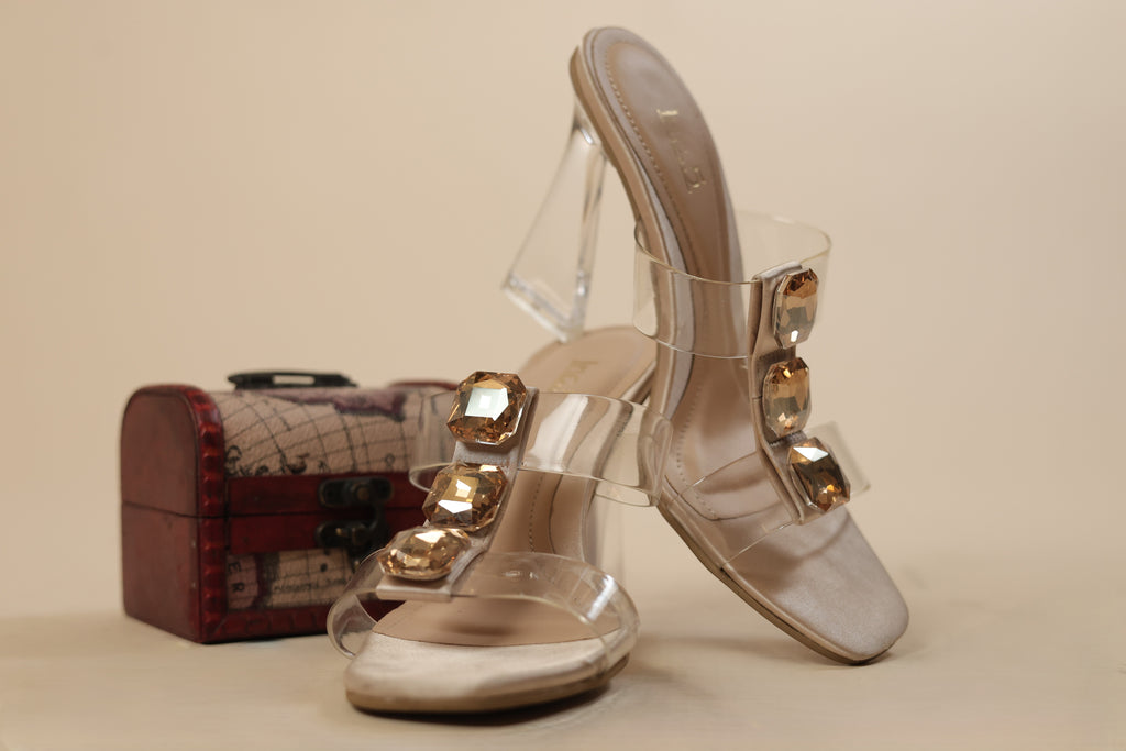 Women's Transparent Block Heel Slippers with Big Stone Embellishments