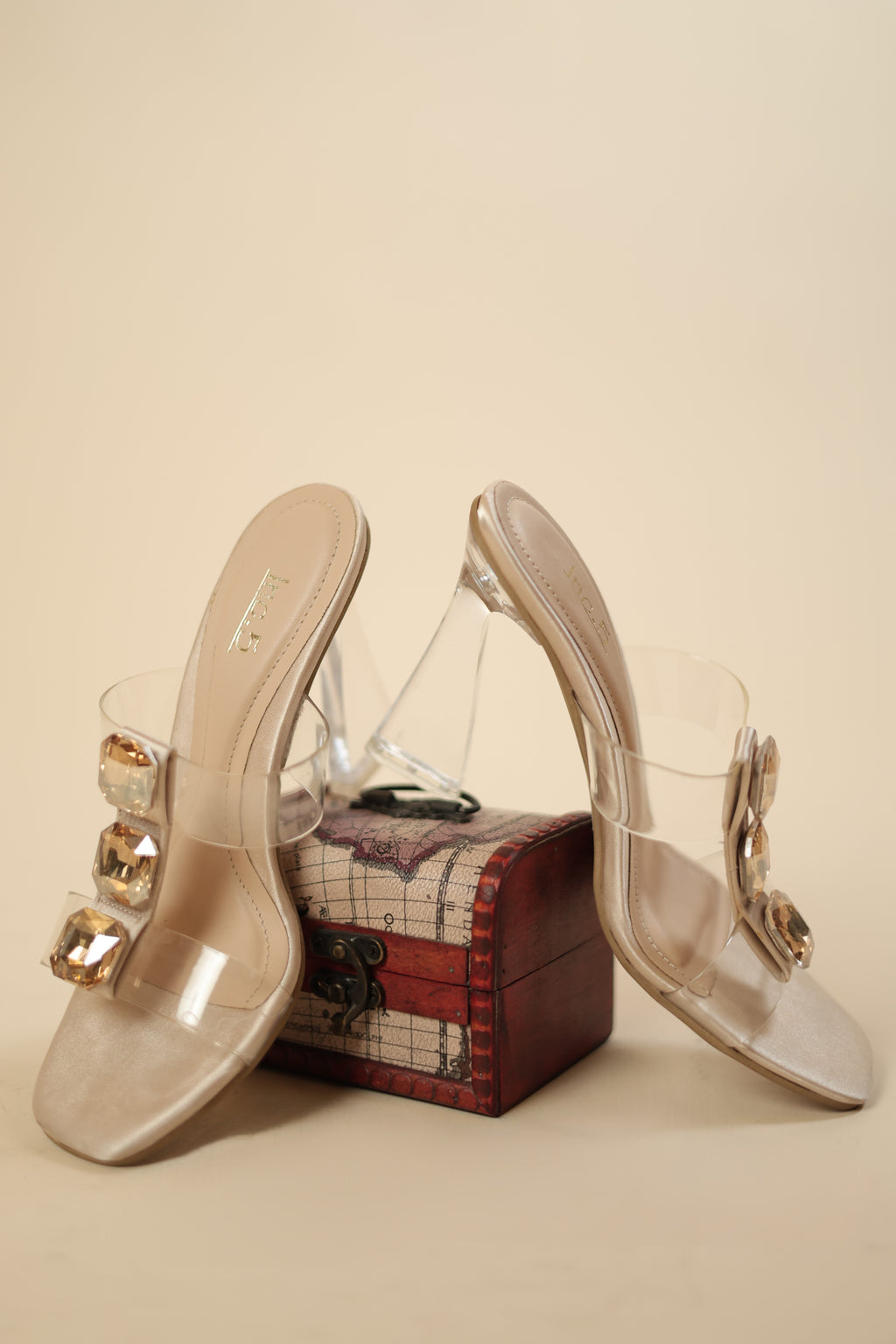 Women's Transparent Block Heel Slippers with Big Stone Embellishments