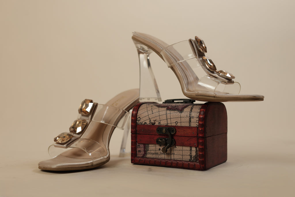 Women's Transparent Block Heel Slippers with Big Stone Embellishments