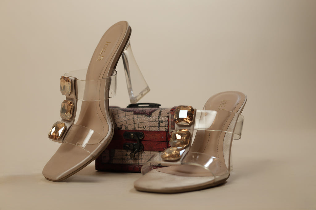 Women's Transparent Block Heel Slippers with Big Stone Embellishments