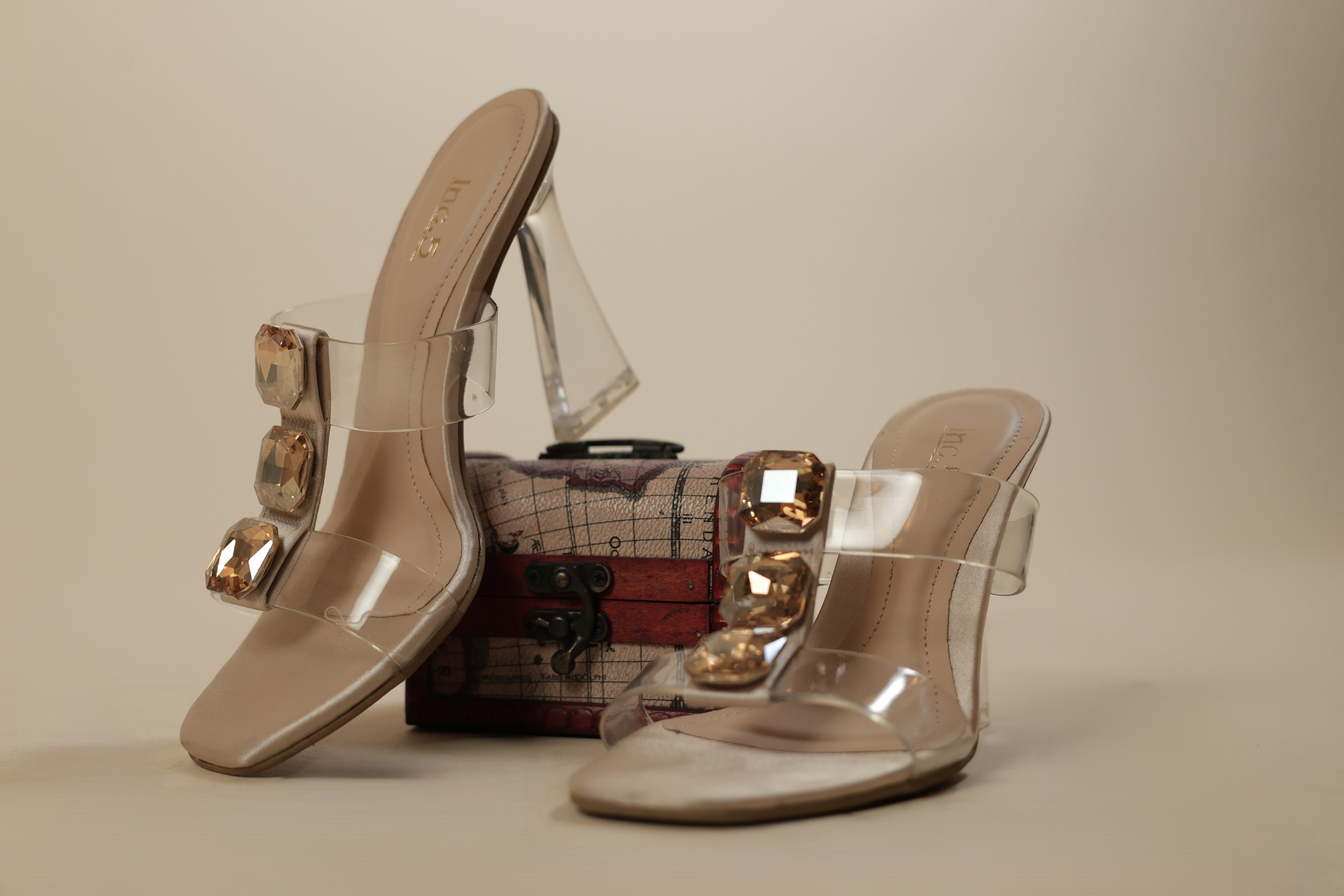 Women's Transparent Block Heel Slippers with Big Stone Embellishments