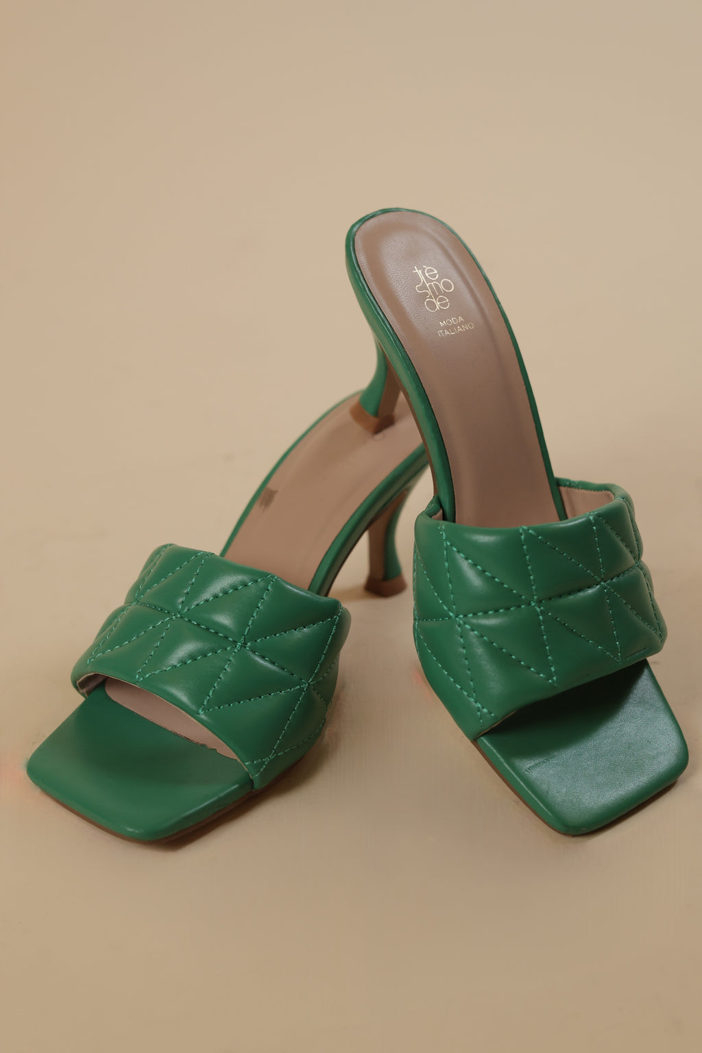 Green Quilted Heeled Slip-On Sandals