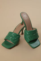 Green Quilted Heeled Slip-On Sandals