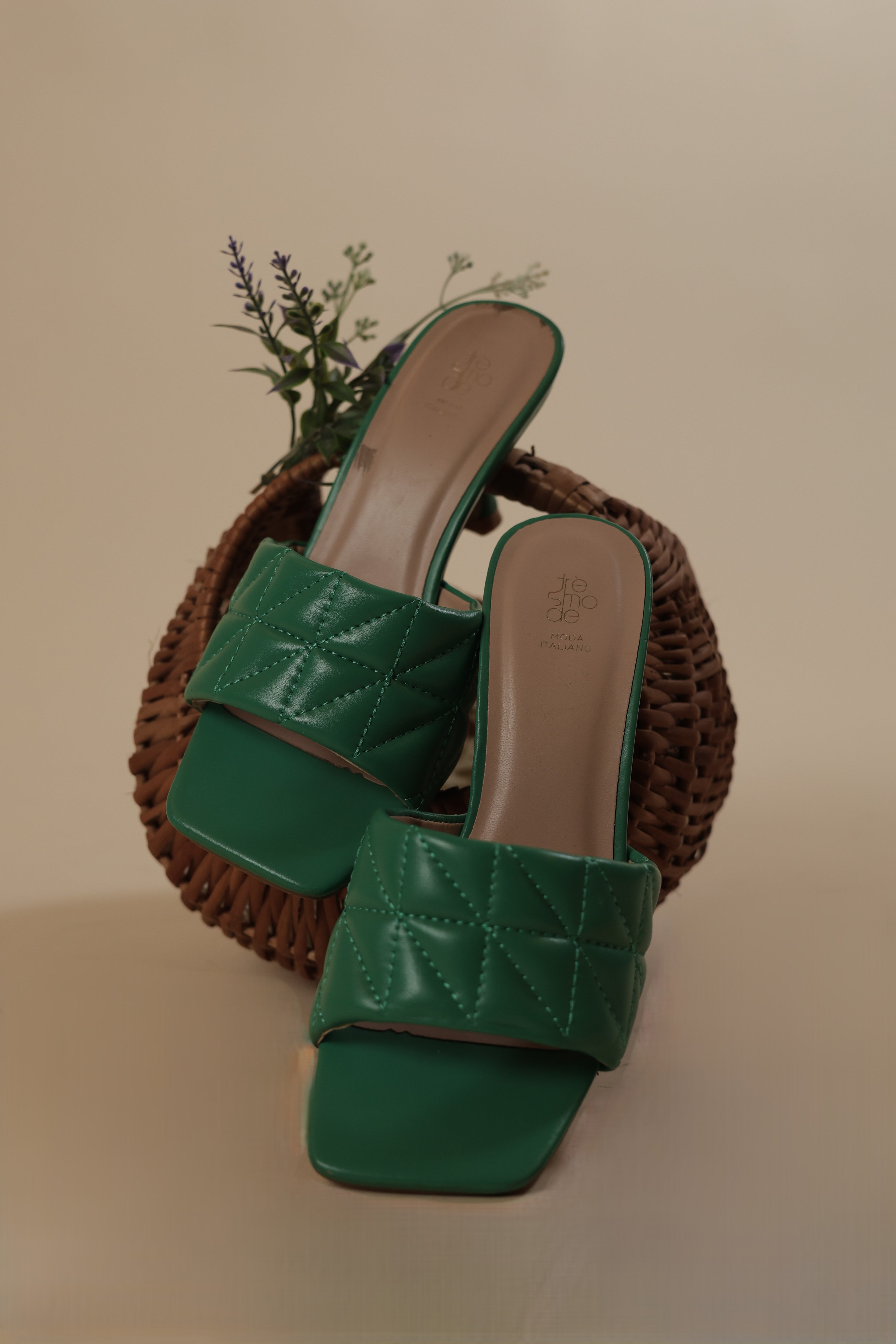 Green Quilted Heeled Slip-On Sandals