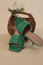 Green Quilted Heeled Slip-On Sandals