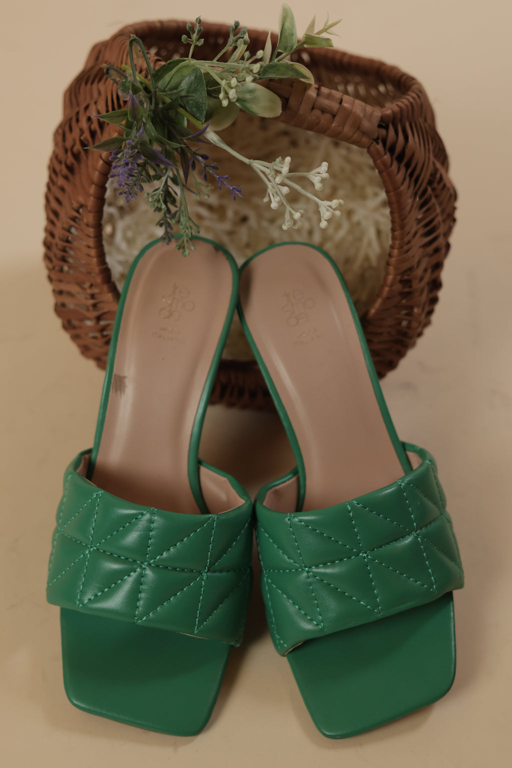 Green Quilted Heeled Slip-On Sandals