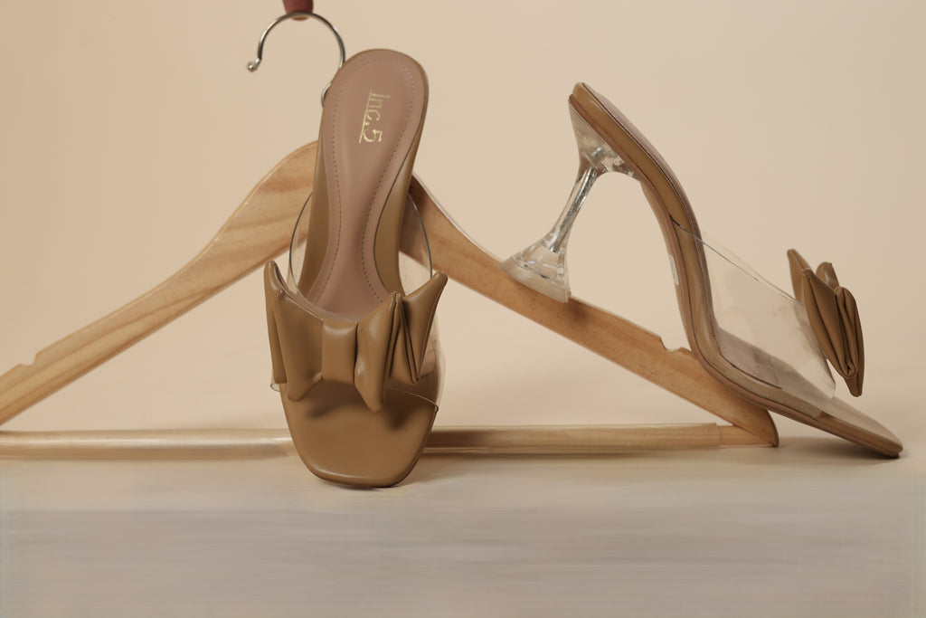 Beige Bow Detail Transparent Strap Heels