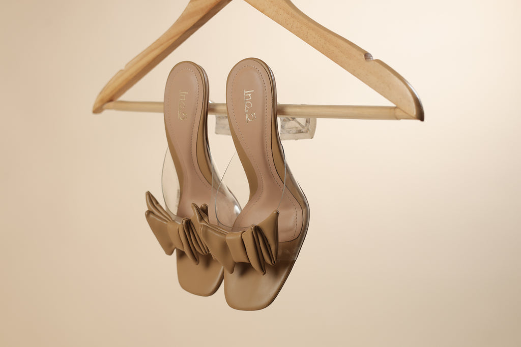 Beige Bow Detail Transparent Strap Heels
