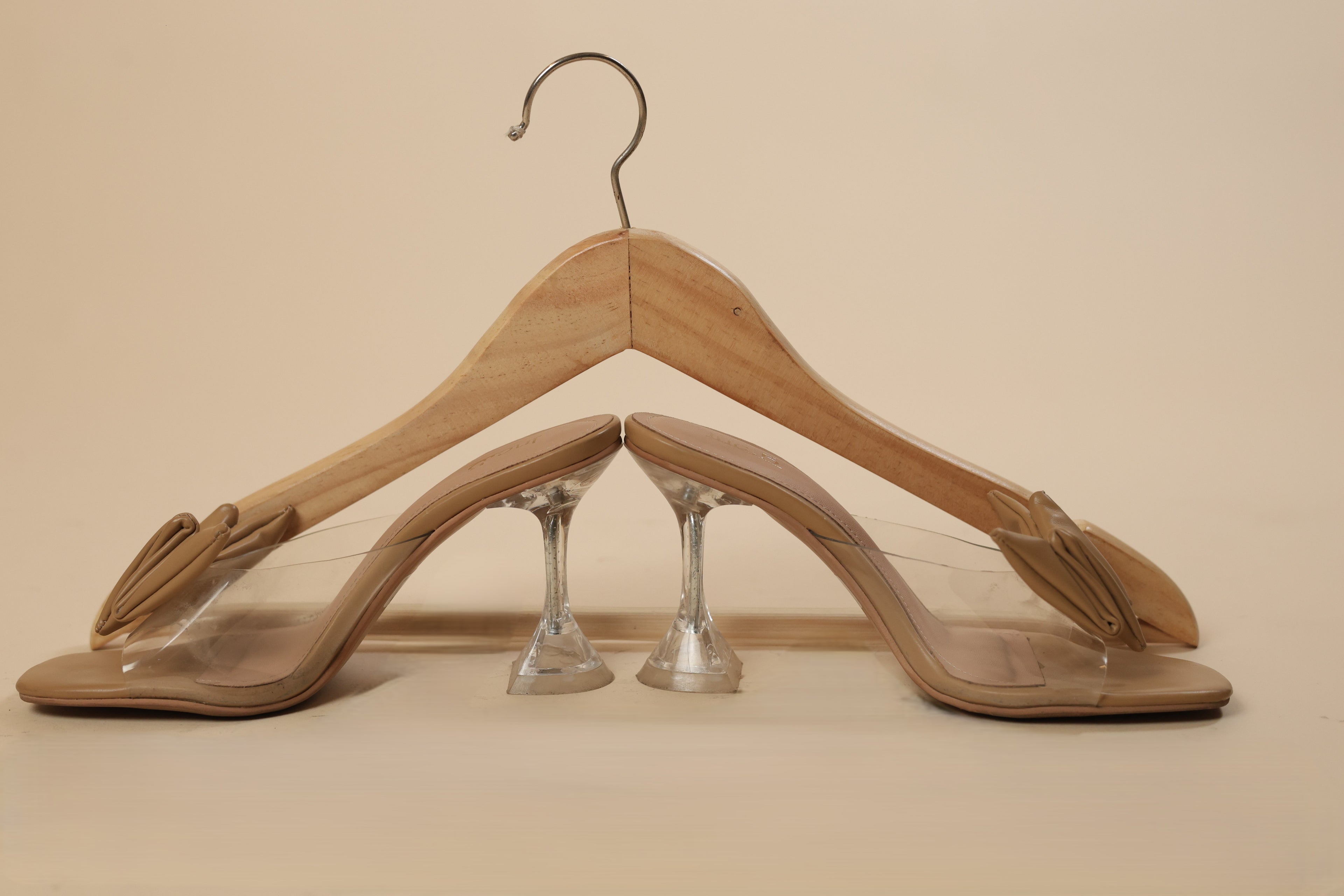 Beige Bow Detail Transparent Strap Heels