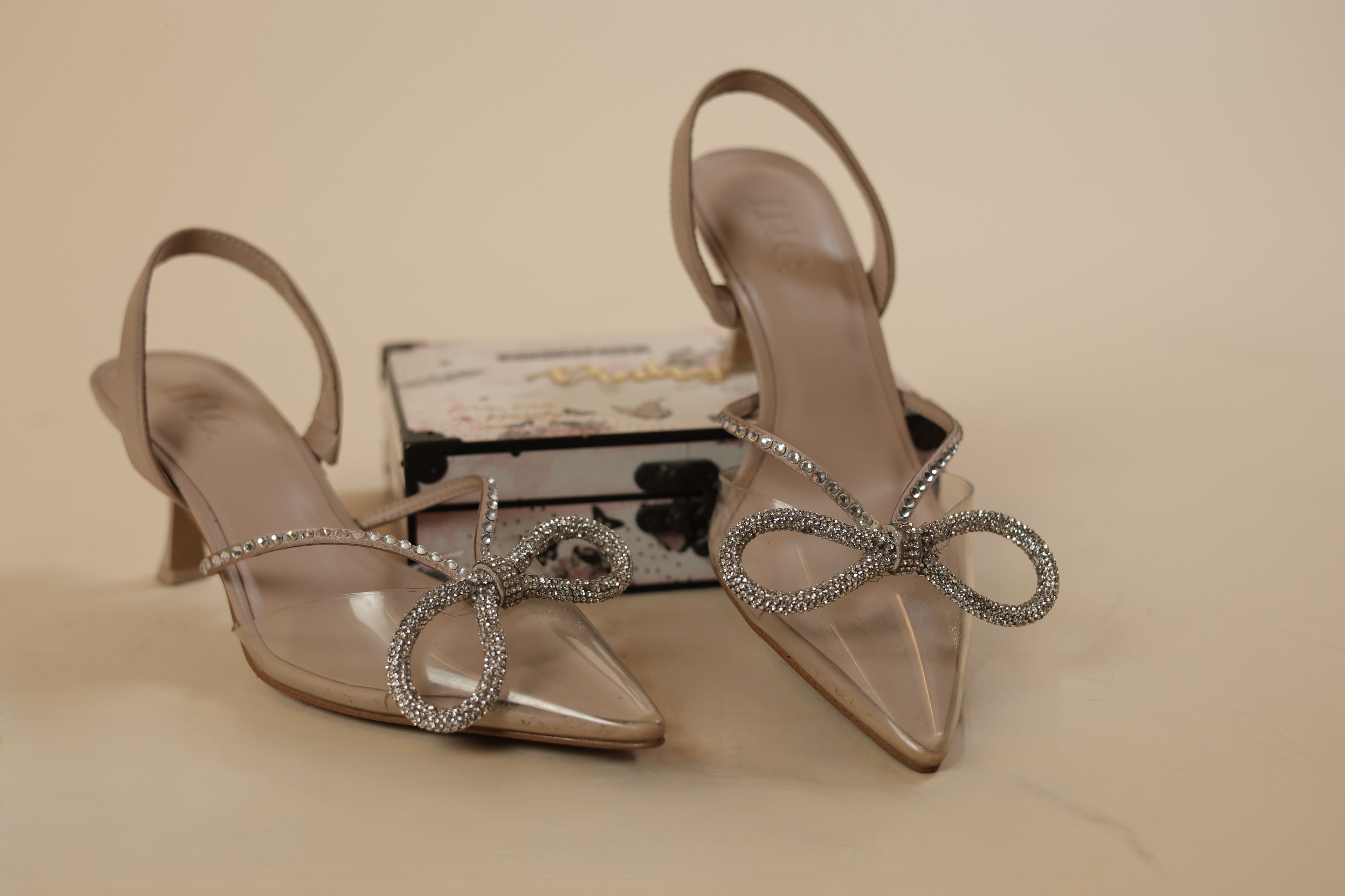 Nude Crystal Bow Party Heels