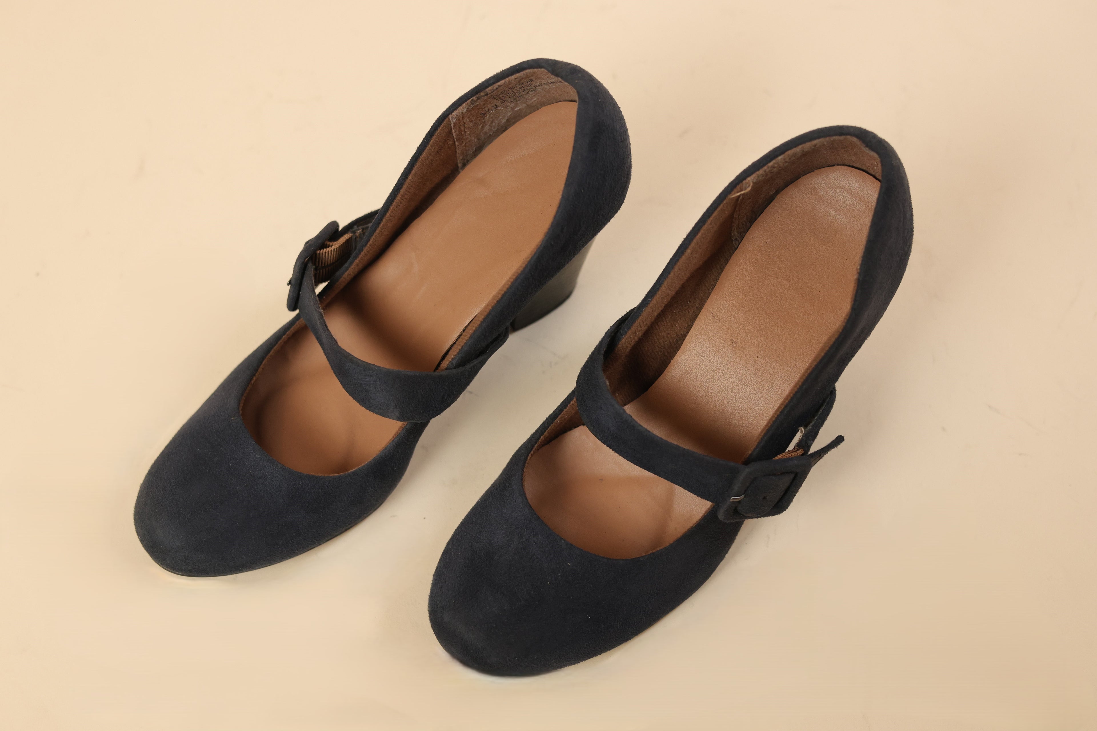 Navy Blue Suede Mary Jane Block Heel Shoes
