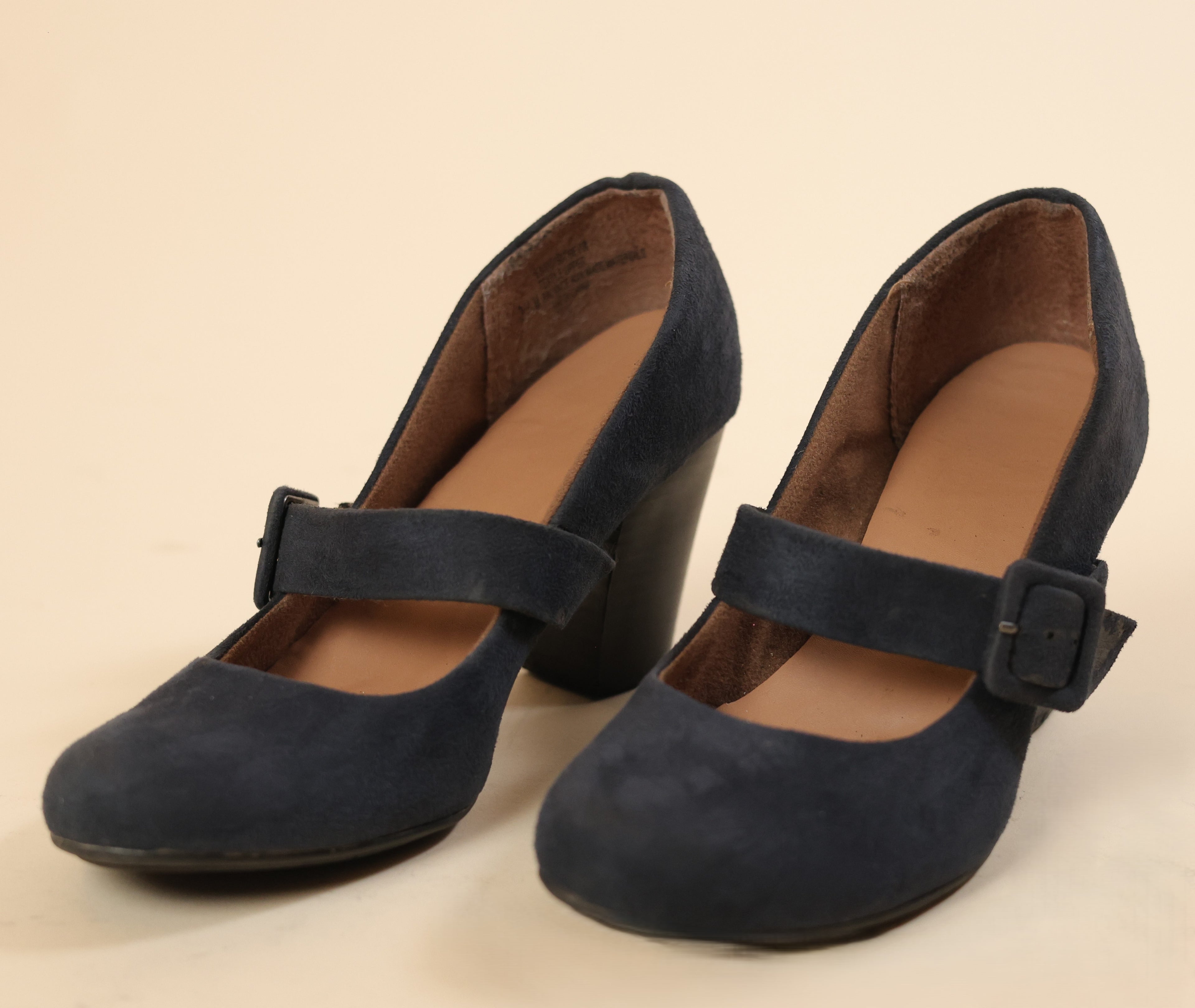 Navy Blue Suede Mary Jane Block Heel Shoes