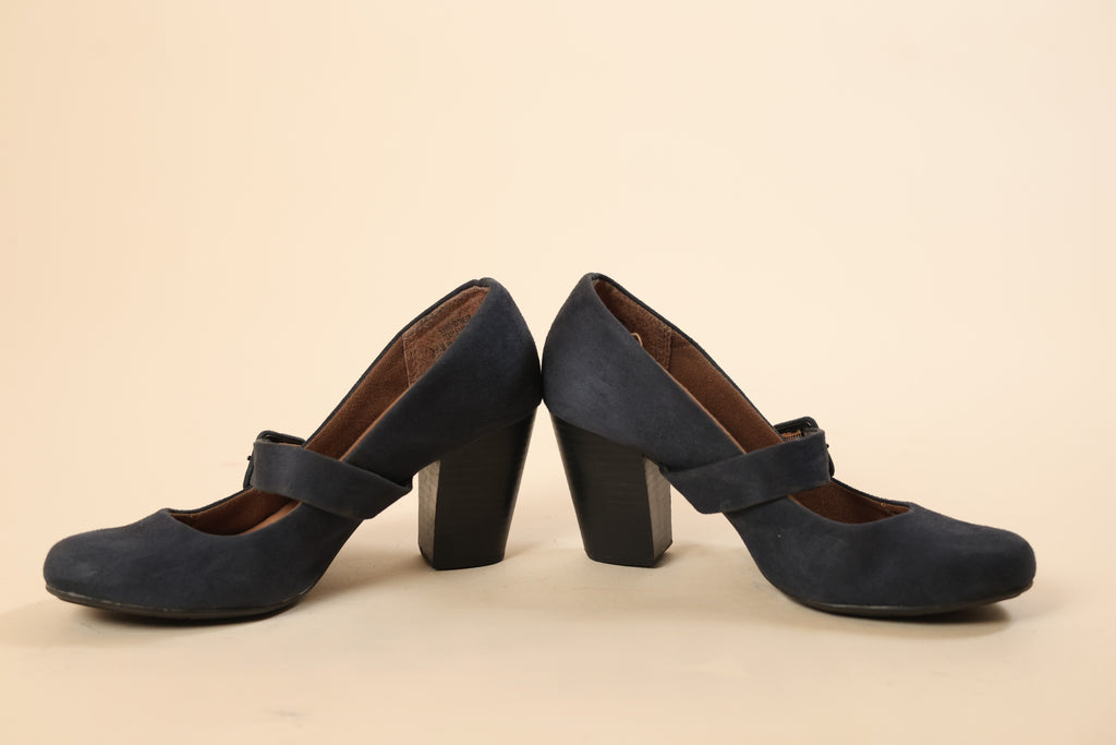 Navy Blue Suede Mary Jane Block Heel Shoes