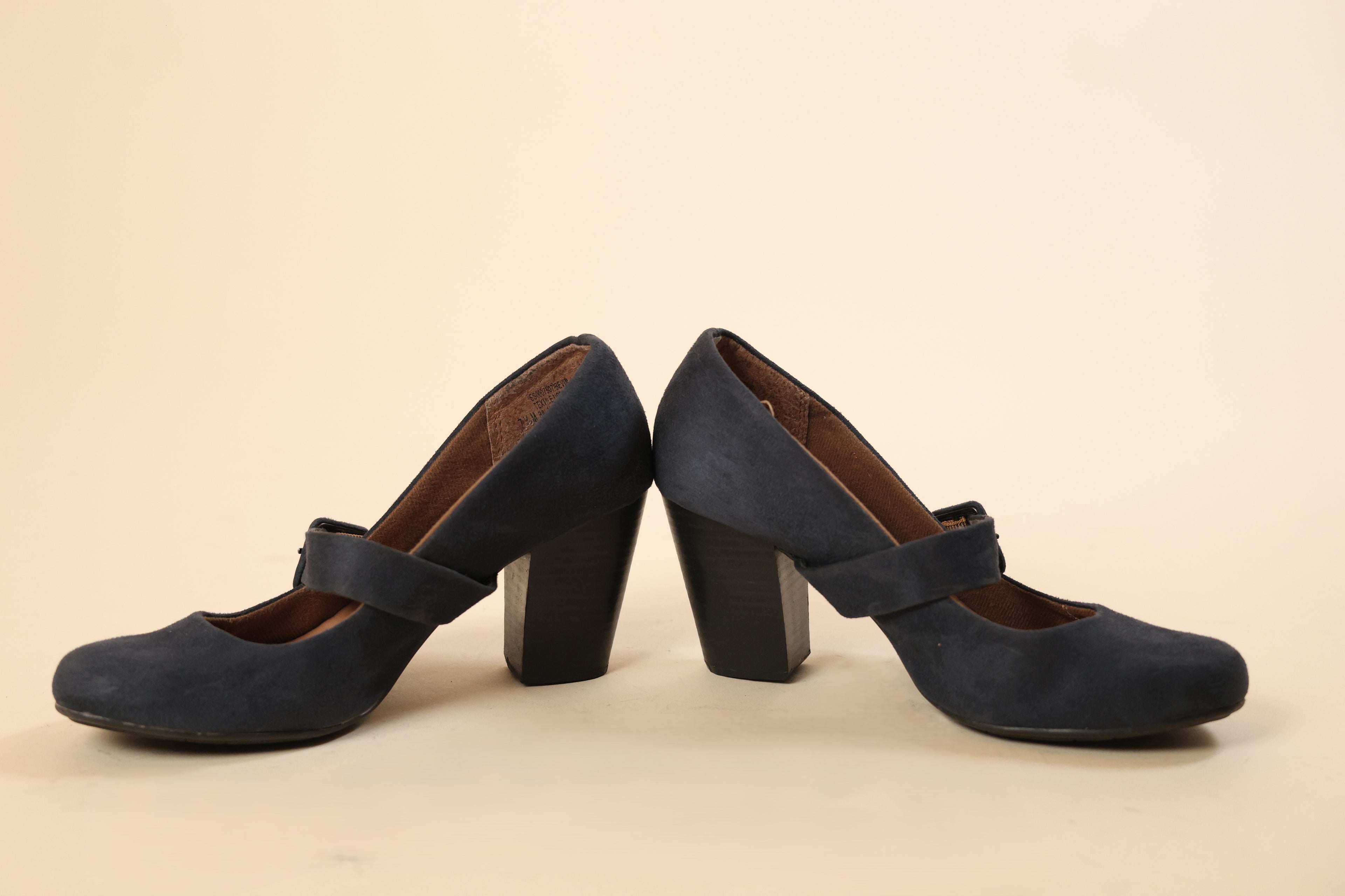 Navy Blue Suede Mary Jane Block Heel Shoes