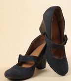 Navy Blue Suede Mary Jane Block Heel Shoes