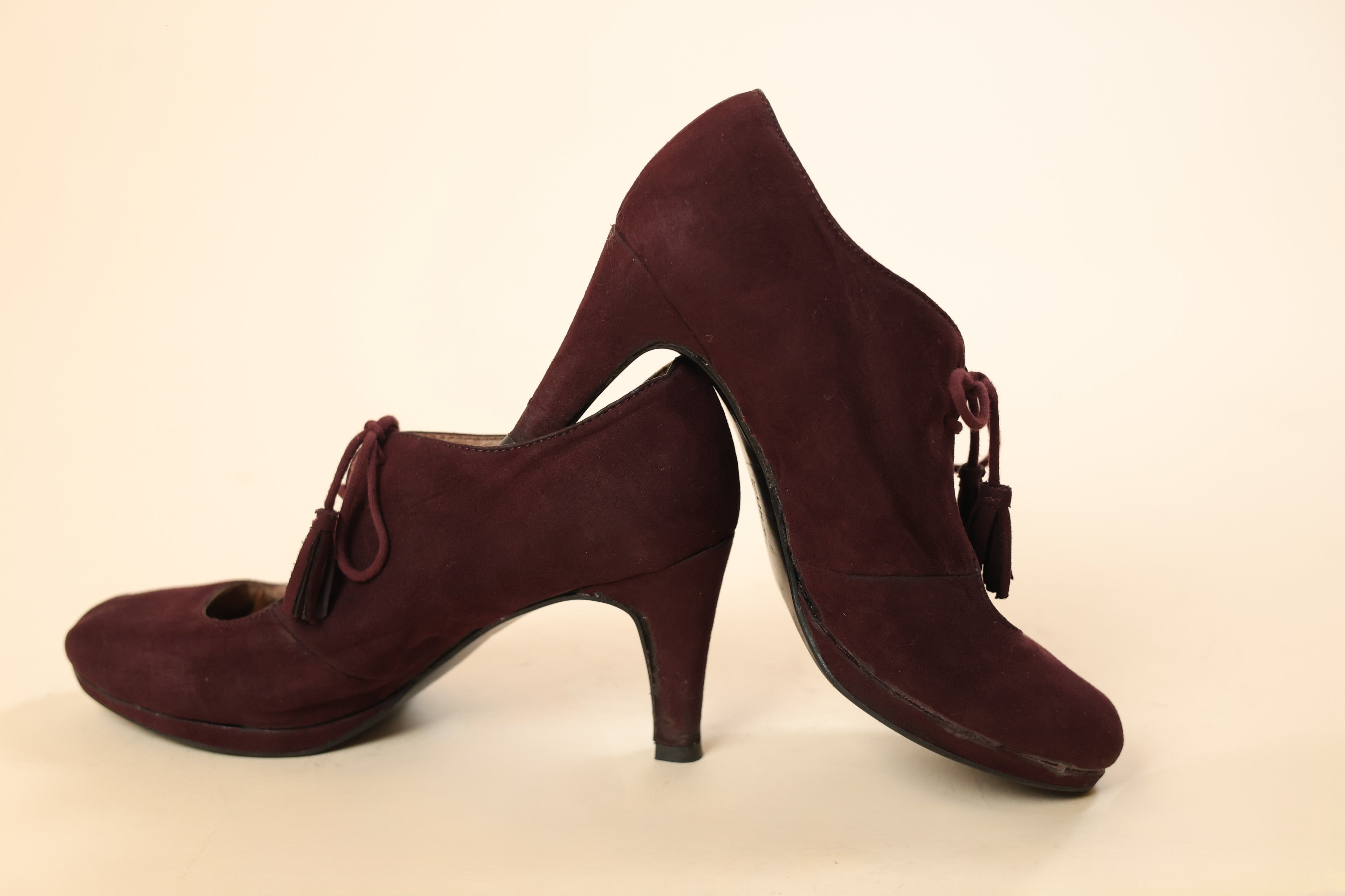 Wine Suede Lace-Up Heeled Pumps for Women