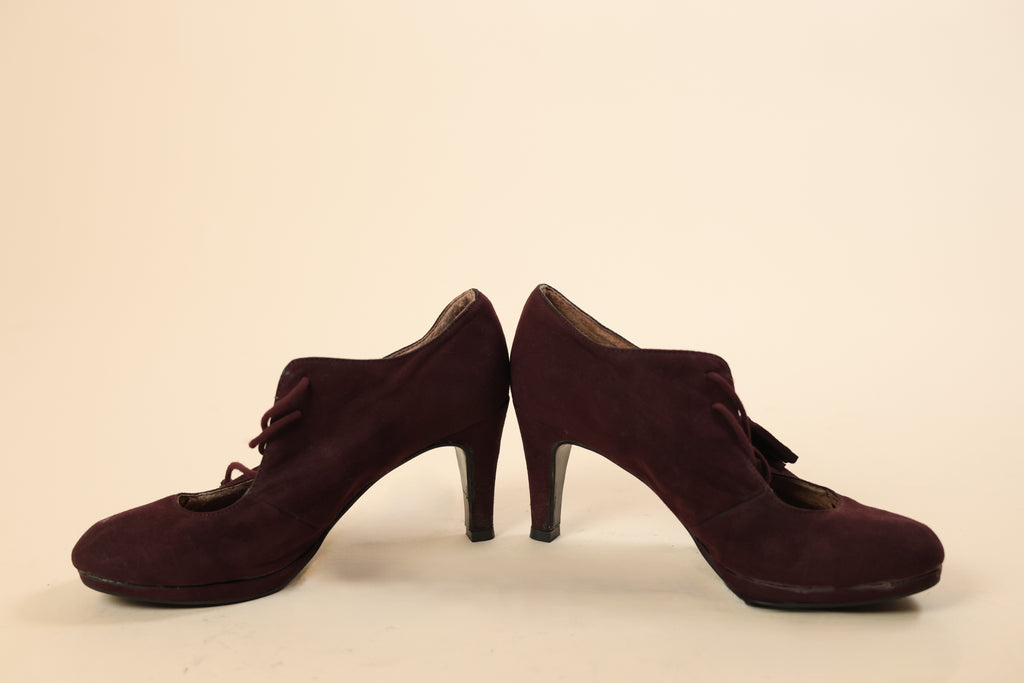 Wine Suede Lace-Up Heeled Pumps for Women