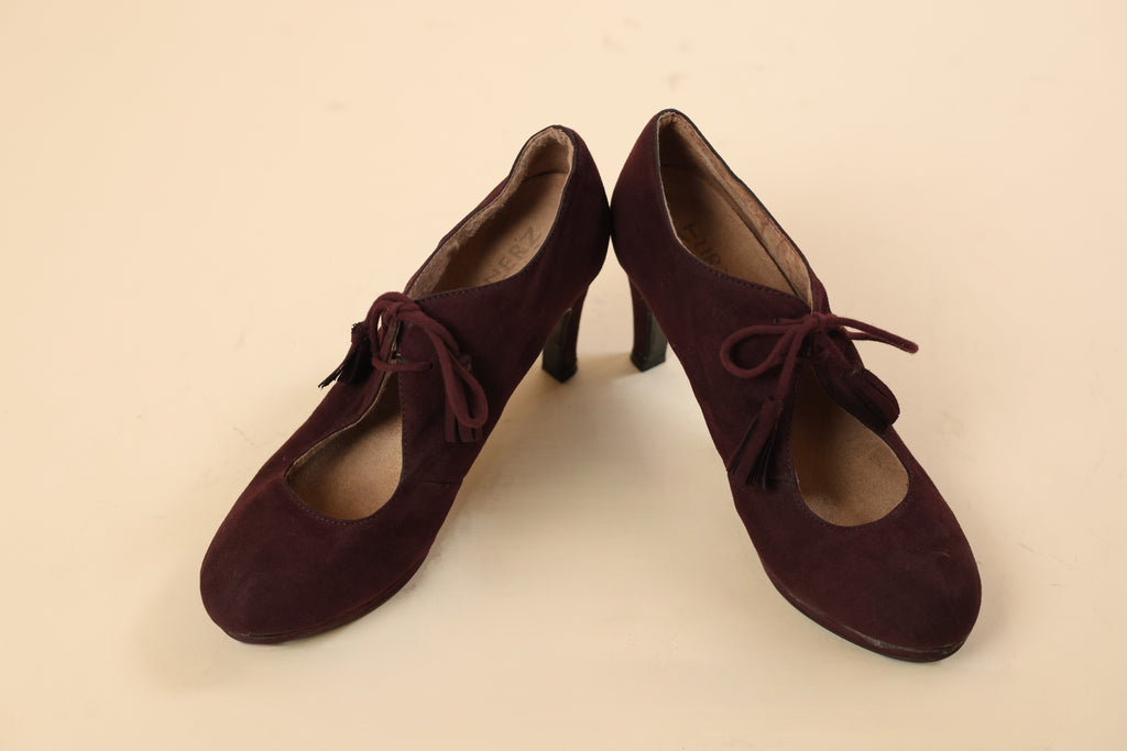 Wine Suede Lace-Up Heeled Pumps for Women
