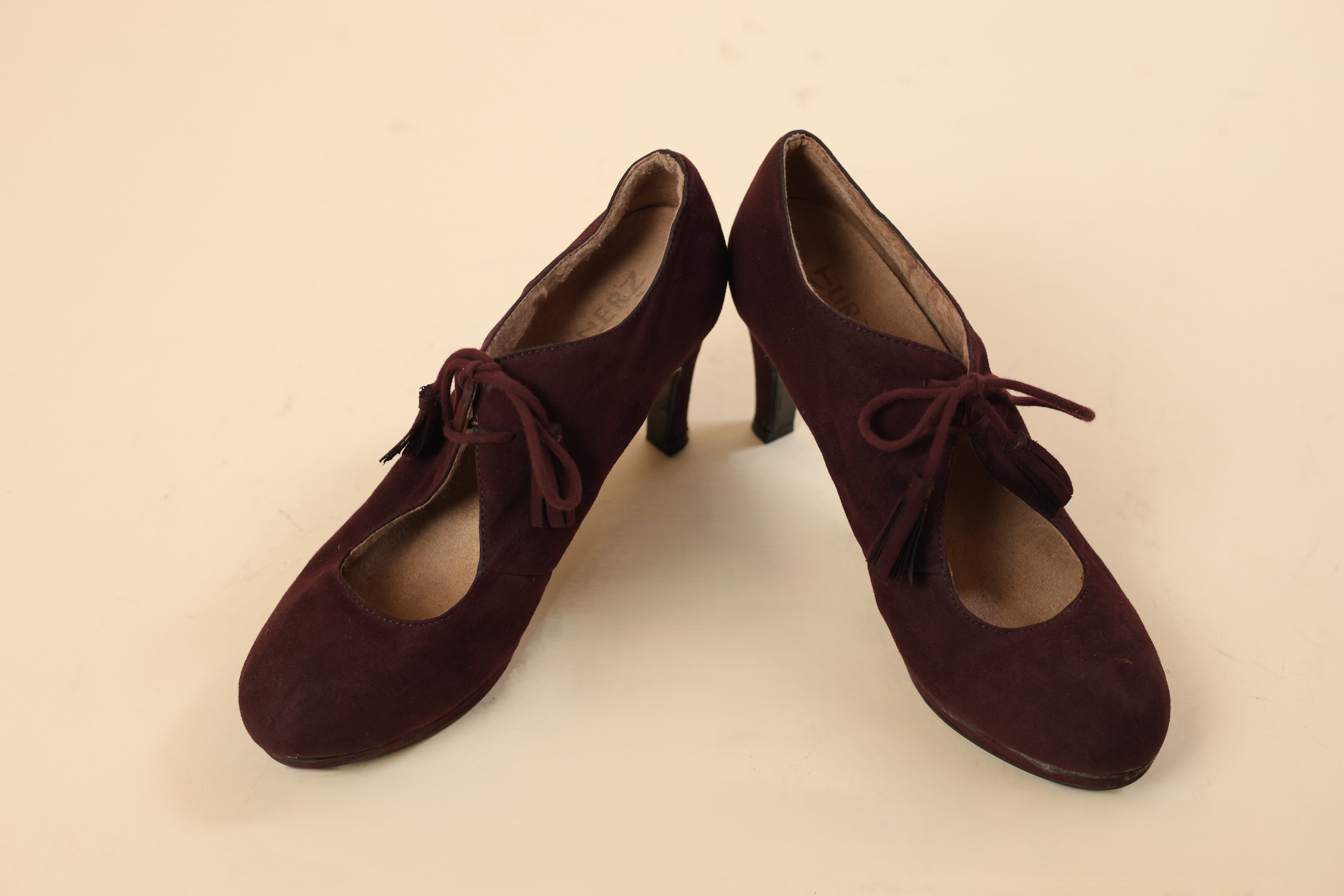 Wine Suede Lace-Up Heeled Pumps for Women