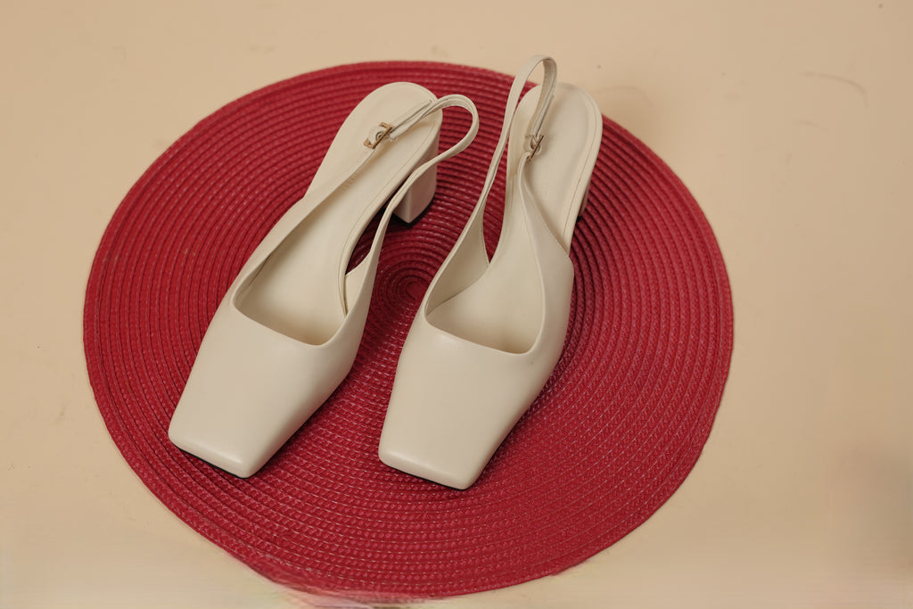 Elegant White Square-Toe Slingback Block Heels