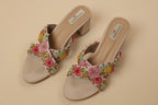 Floral Hand-Embroidered Cross-Strap Block Heels