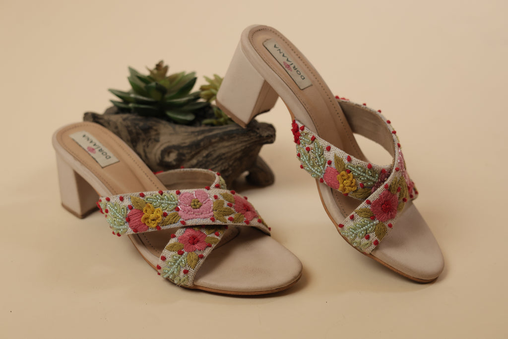 Floral Hand-Embroidered Cross-Strap Block Heels