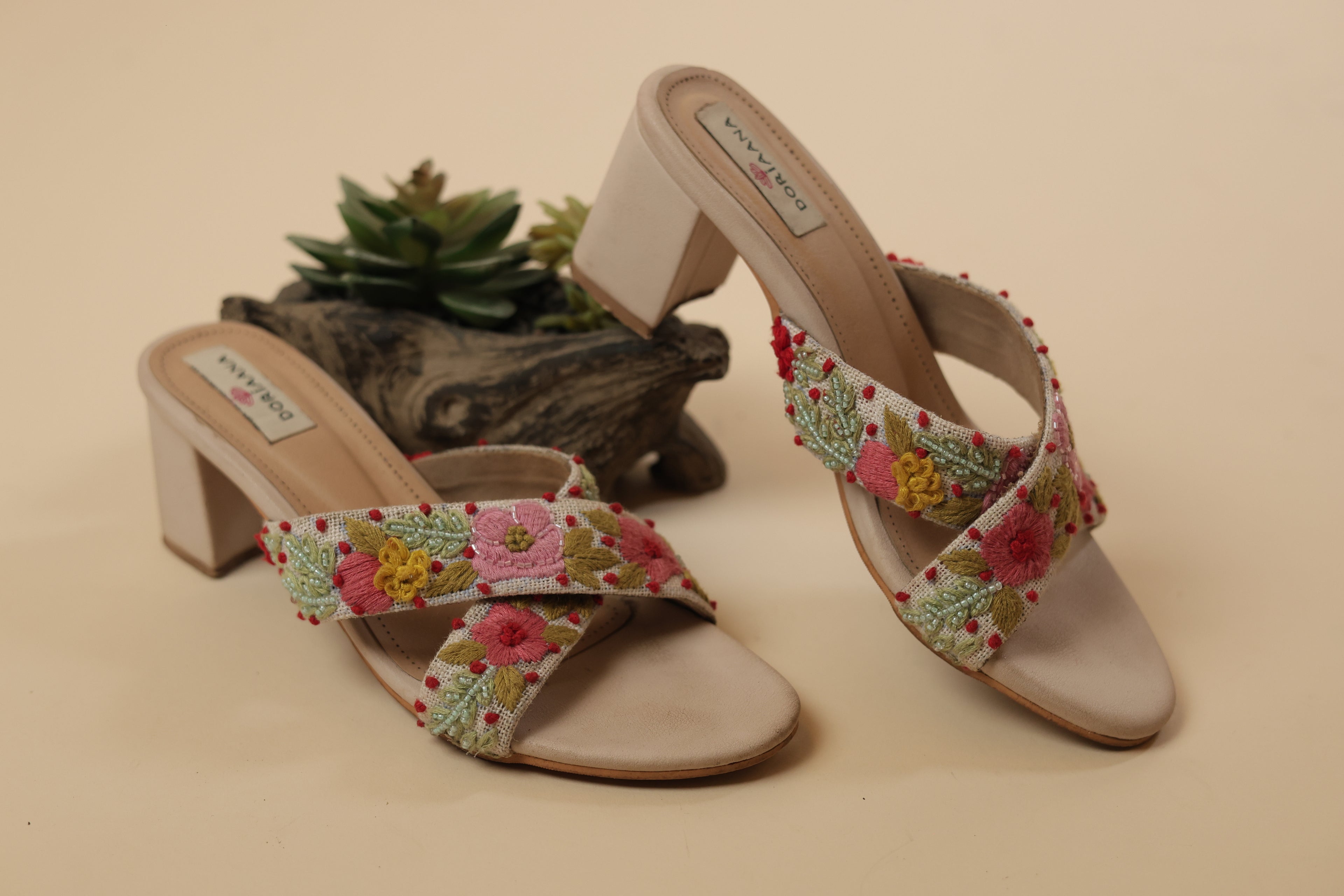Floral Hand-Embroidered Cross-Strap Block Heels