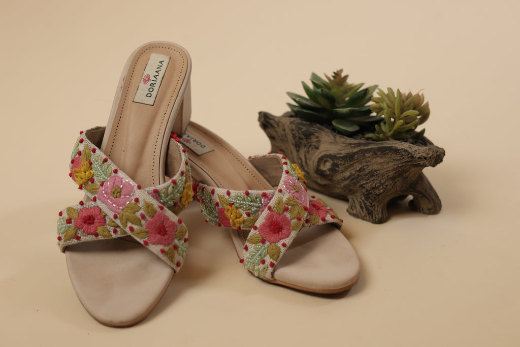 Floral Hand-Embroidered Cross-Strap Block Heels