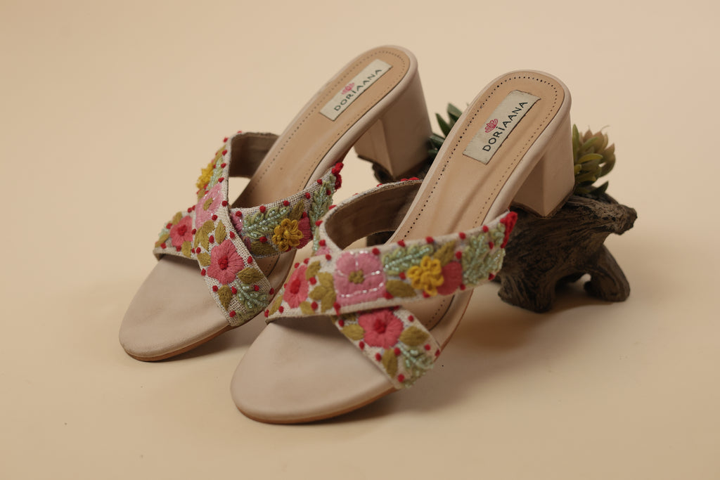 Floral Hand-Embroidered Cross-Strap Block Heels