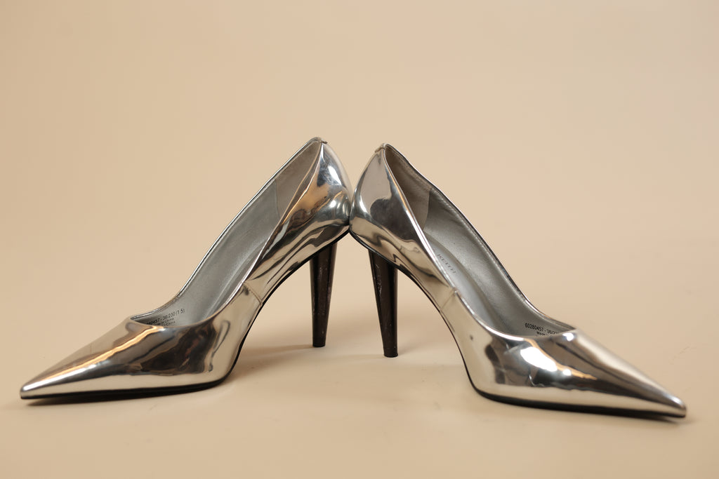 Silver Metallic Pointed-Toe Stiletto Heels