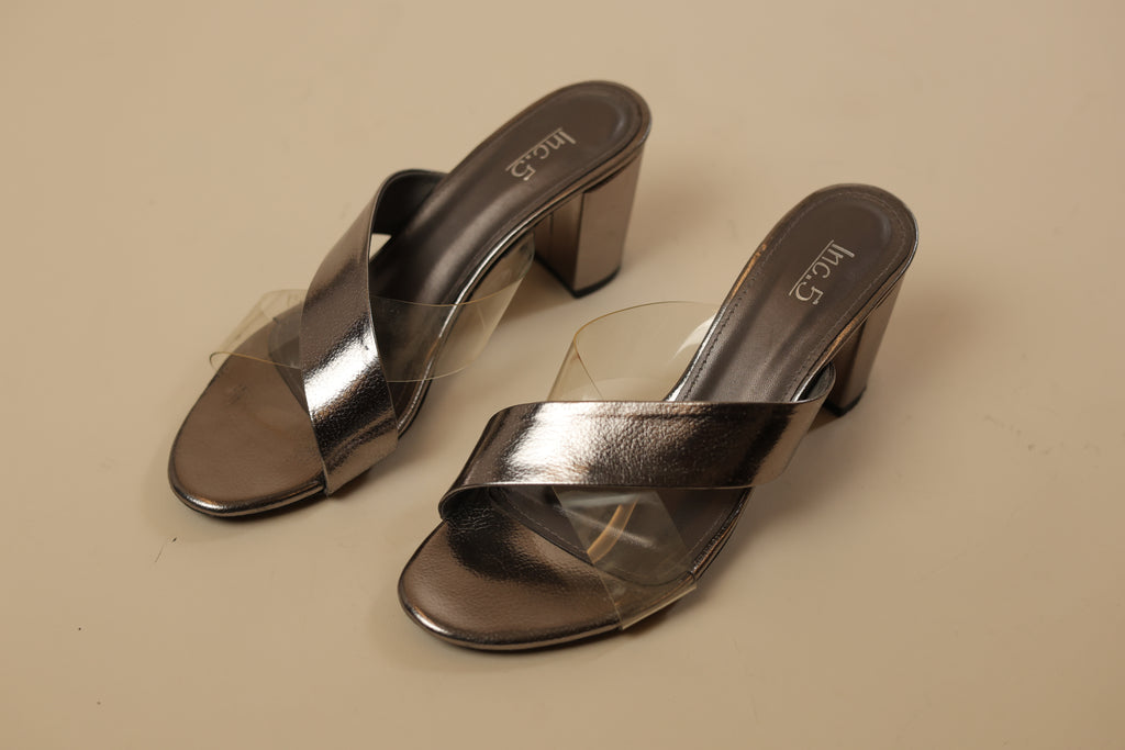 Metallic and Clear Block Heel Mules