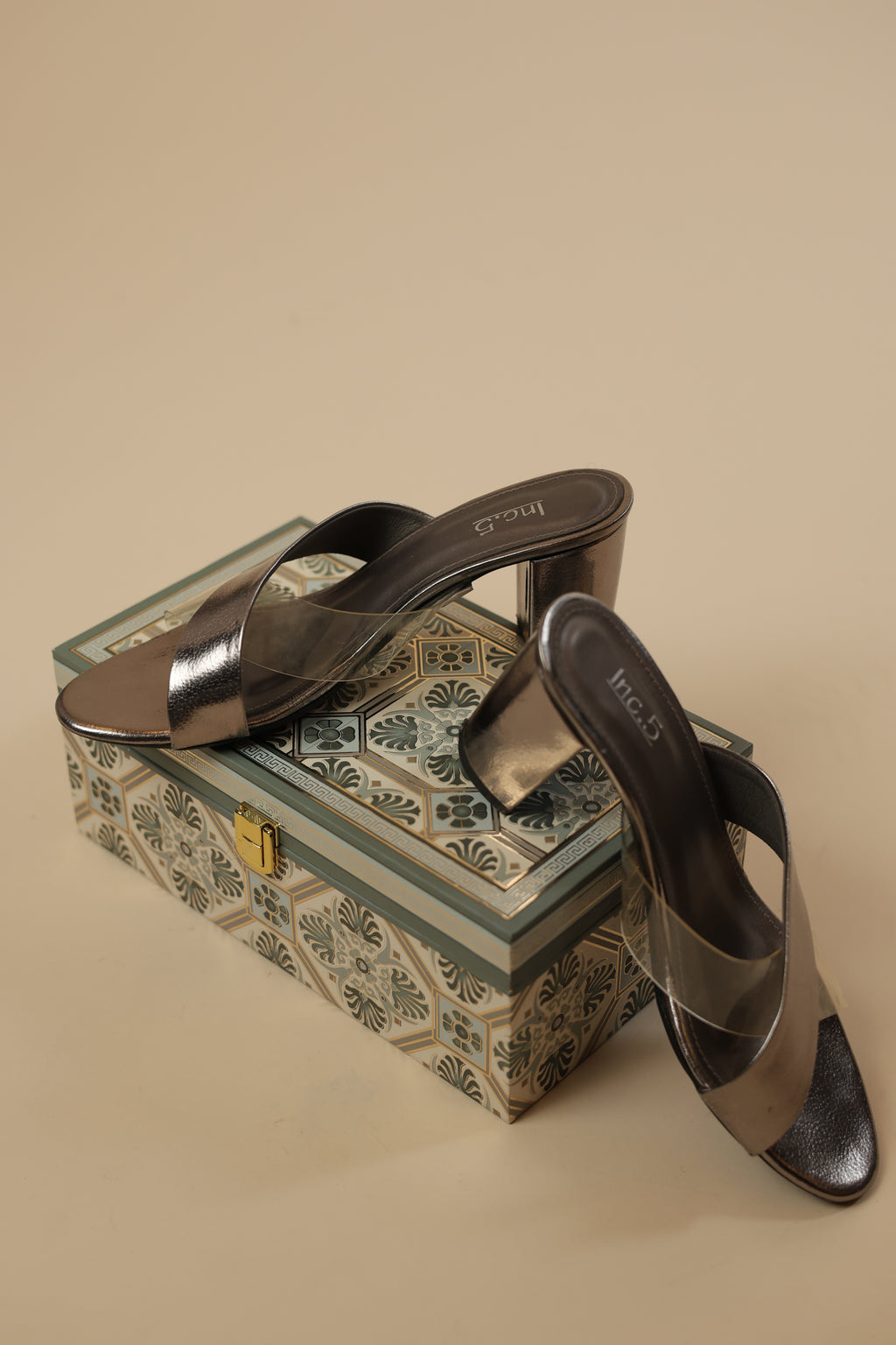 Metallic and Clear Block Heel Mules