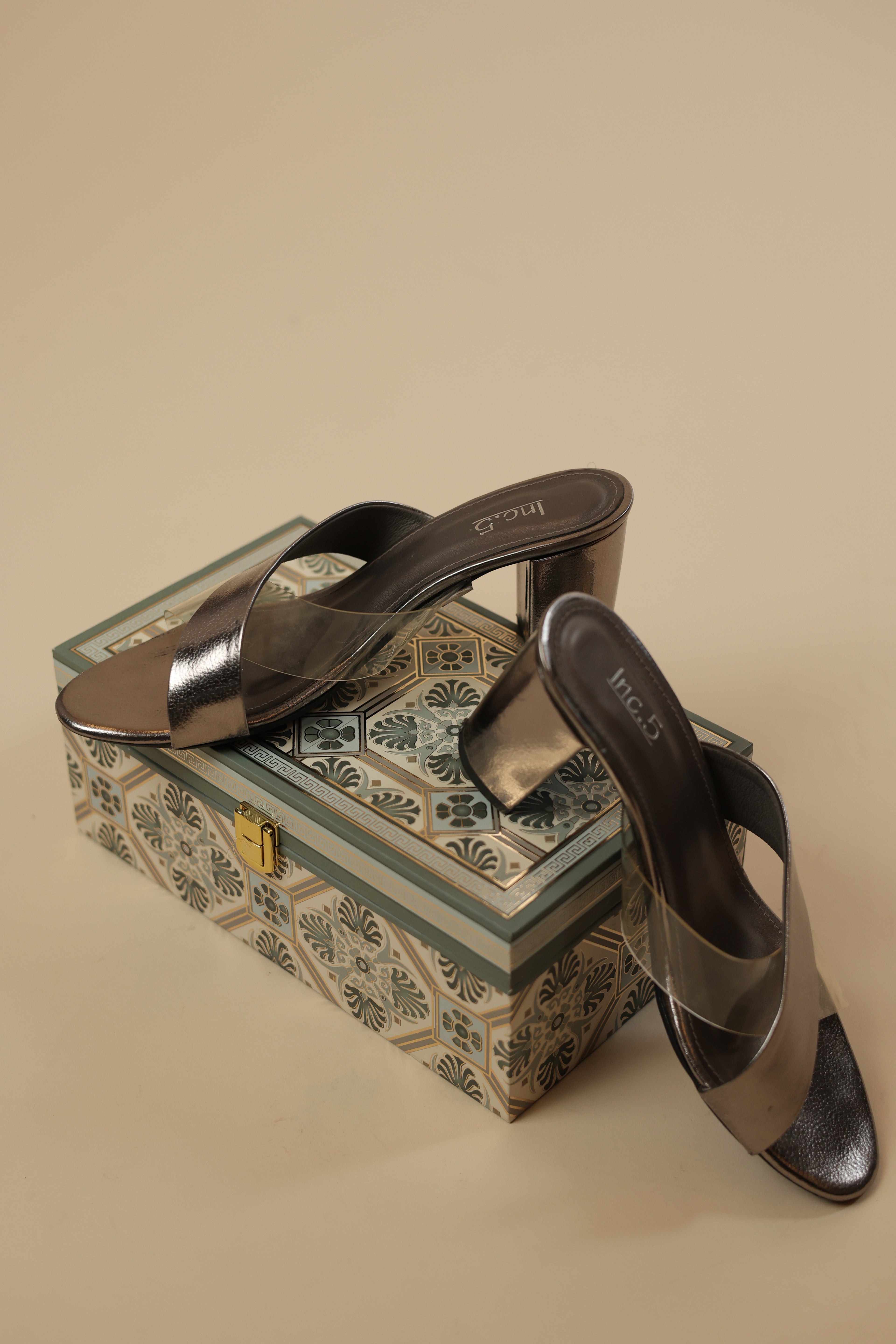 Metallic and Clear Block Heel Mules