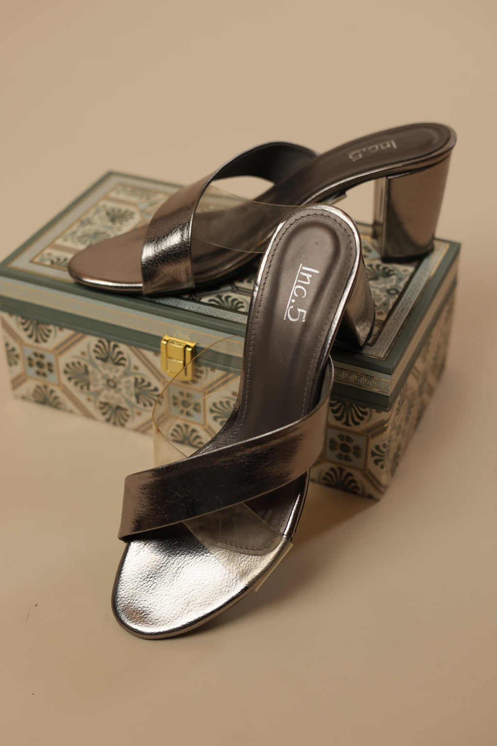 Metallic and Clear Block Heel Mules