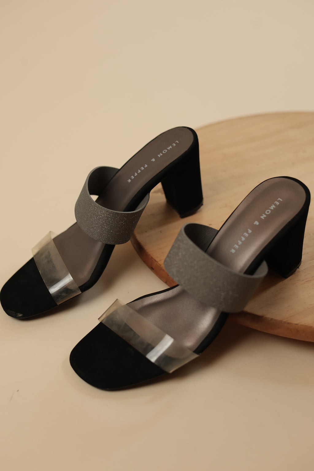 Grey Glitter & Black Block Heel Mules