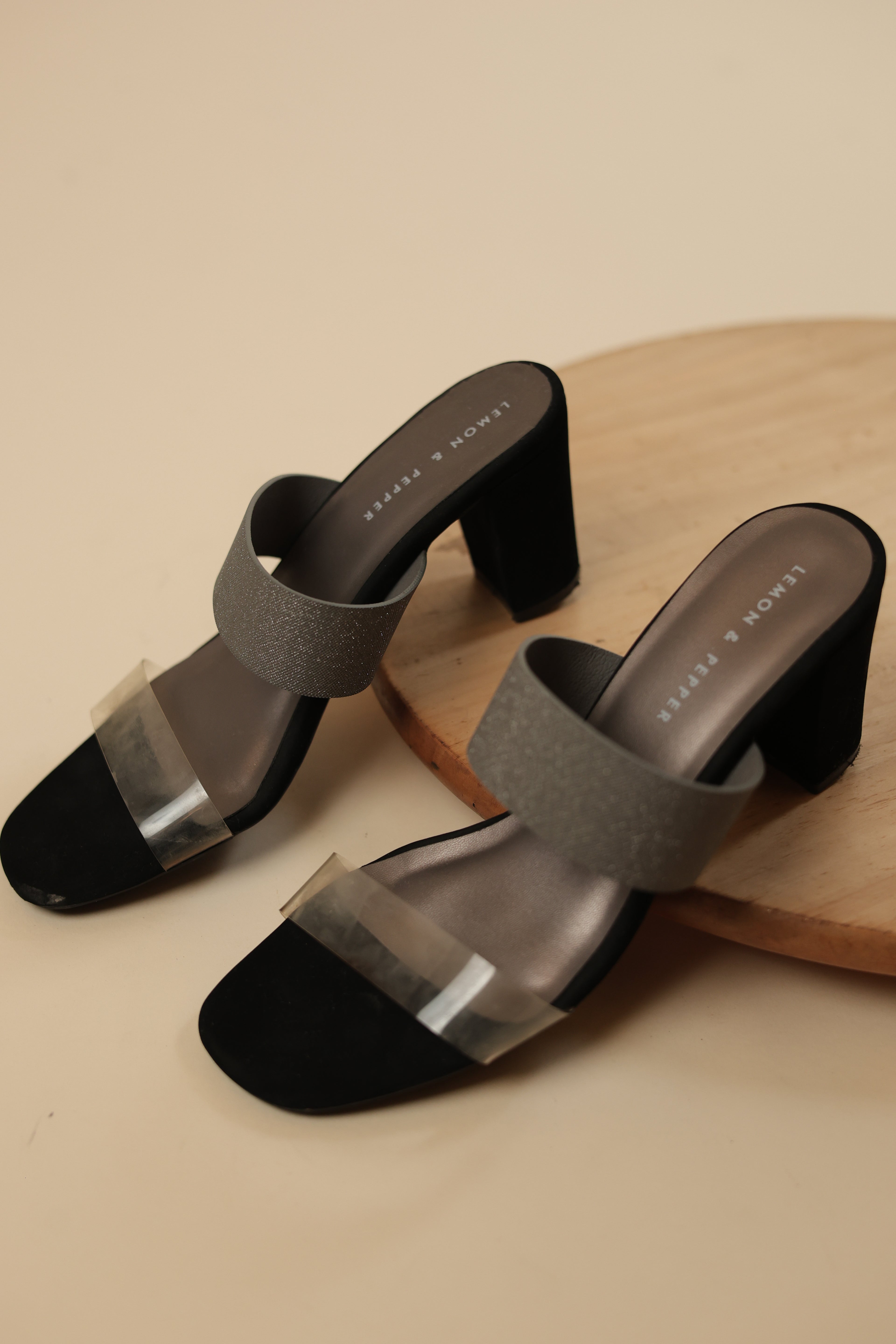 Grey Glitter & Black Block Heel Mules