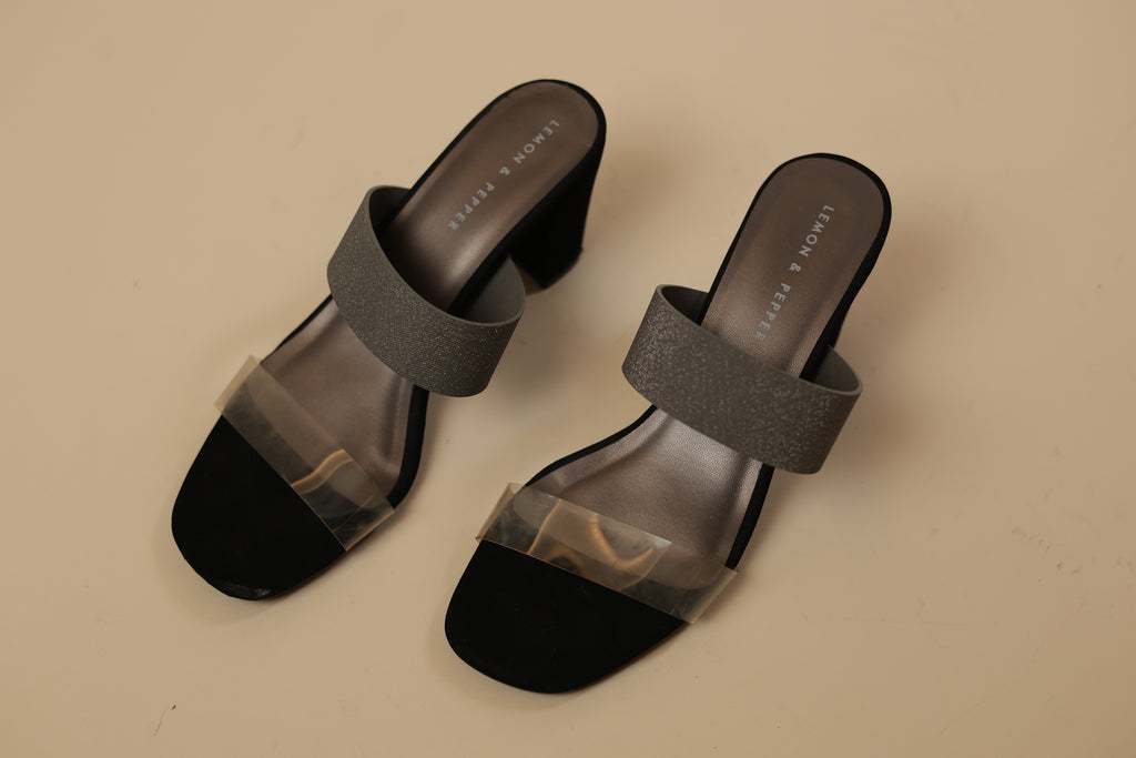Grey Glitter & Black Block Heel Mules