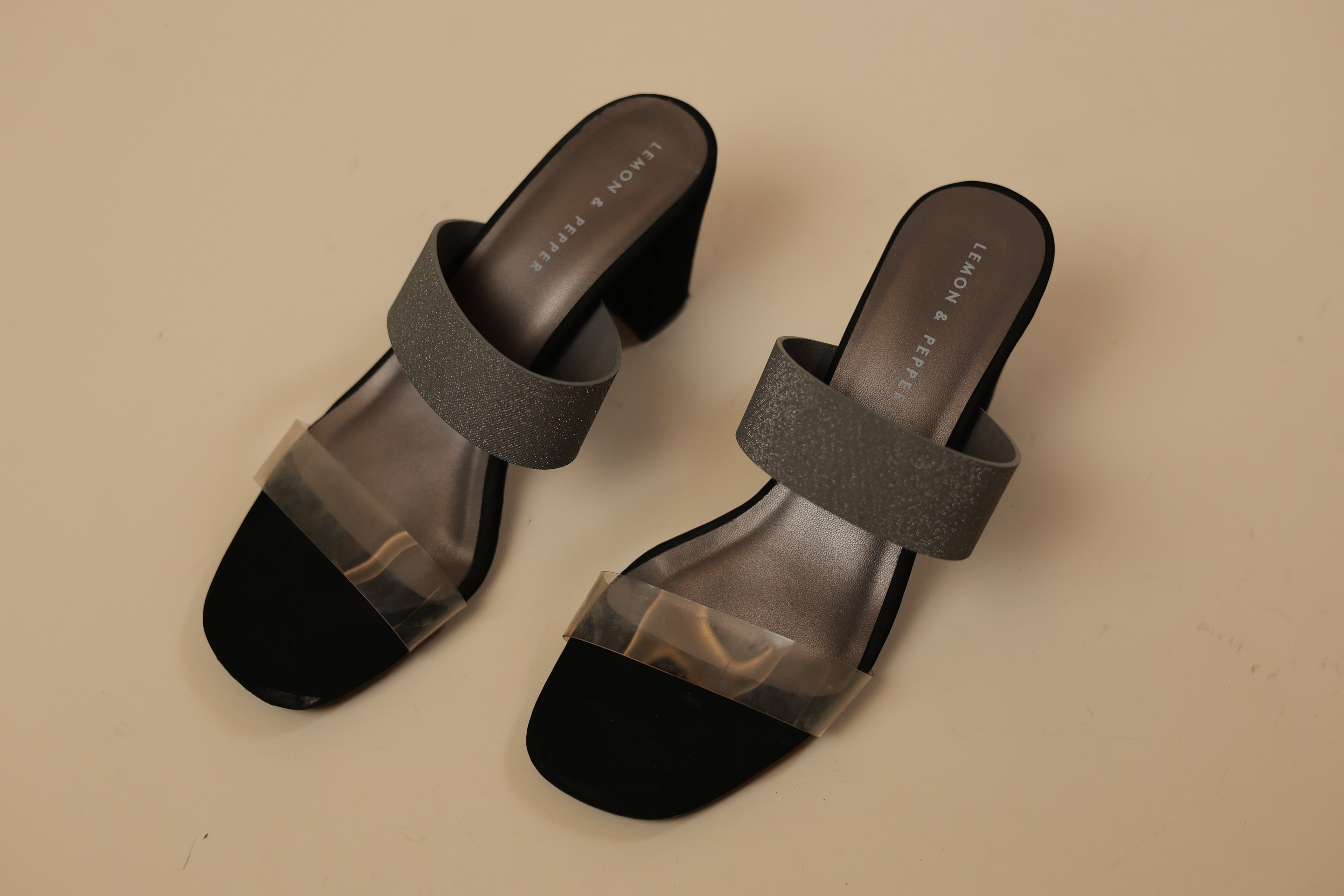 Grey Glitter & Black Block Heel Mules