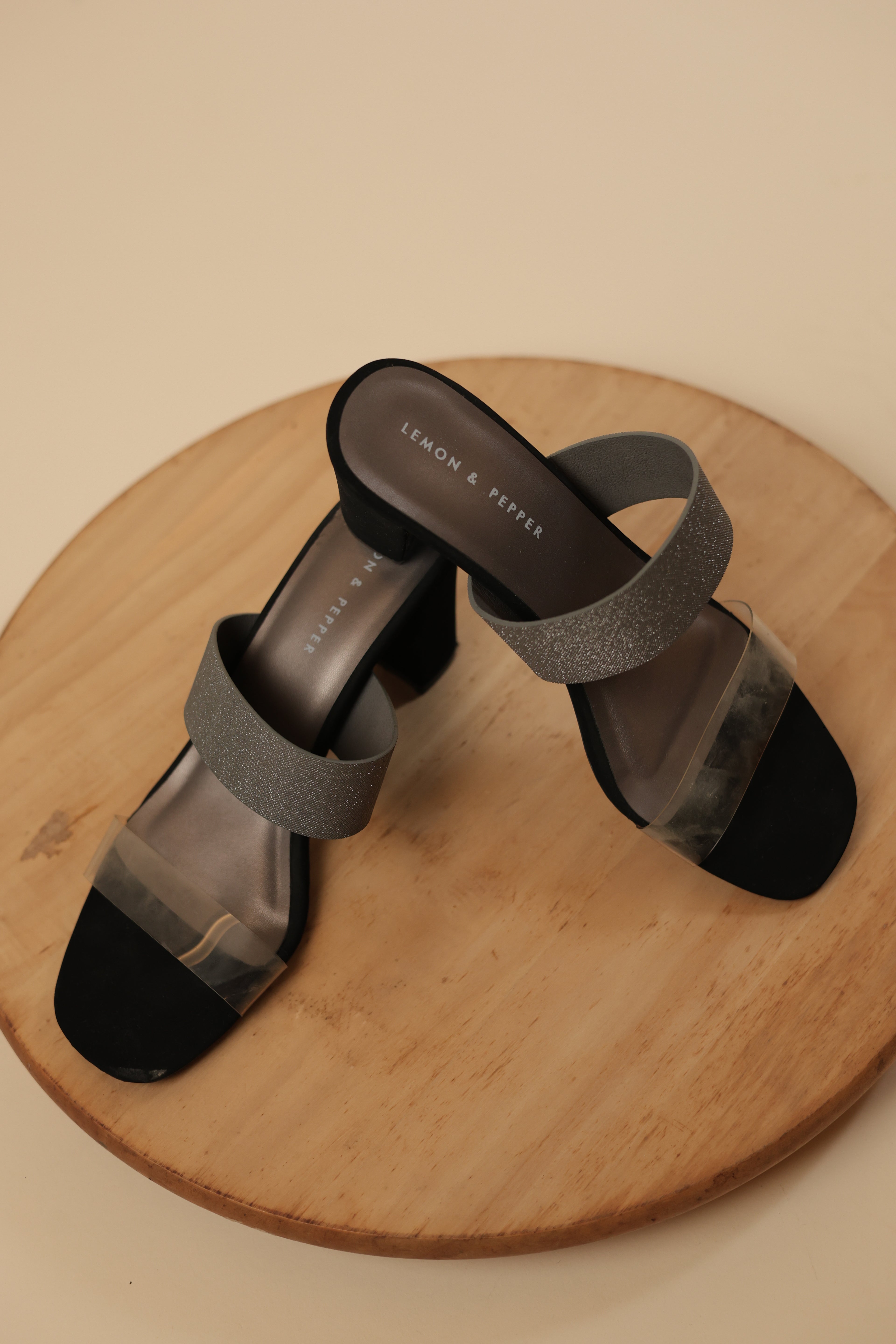 Grey Glitter & Black Block Heel Mules