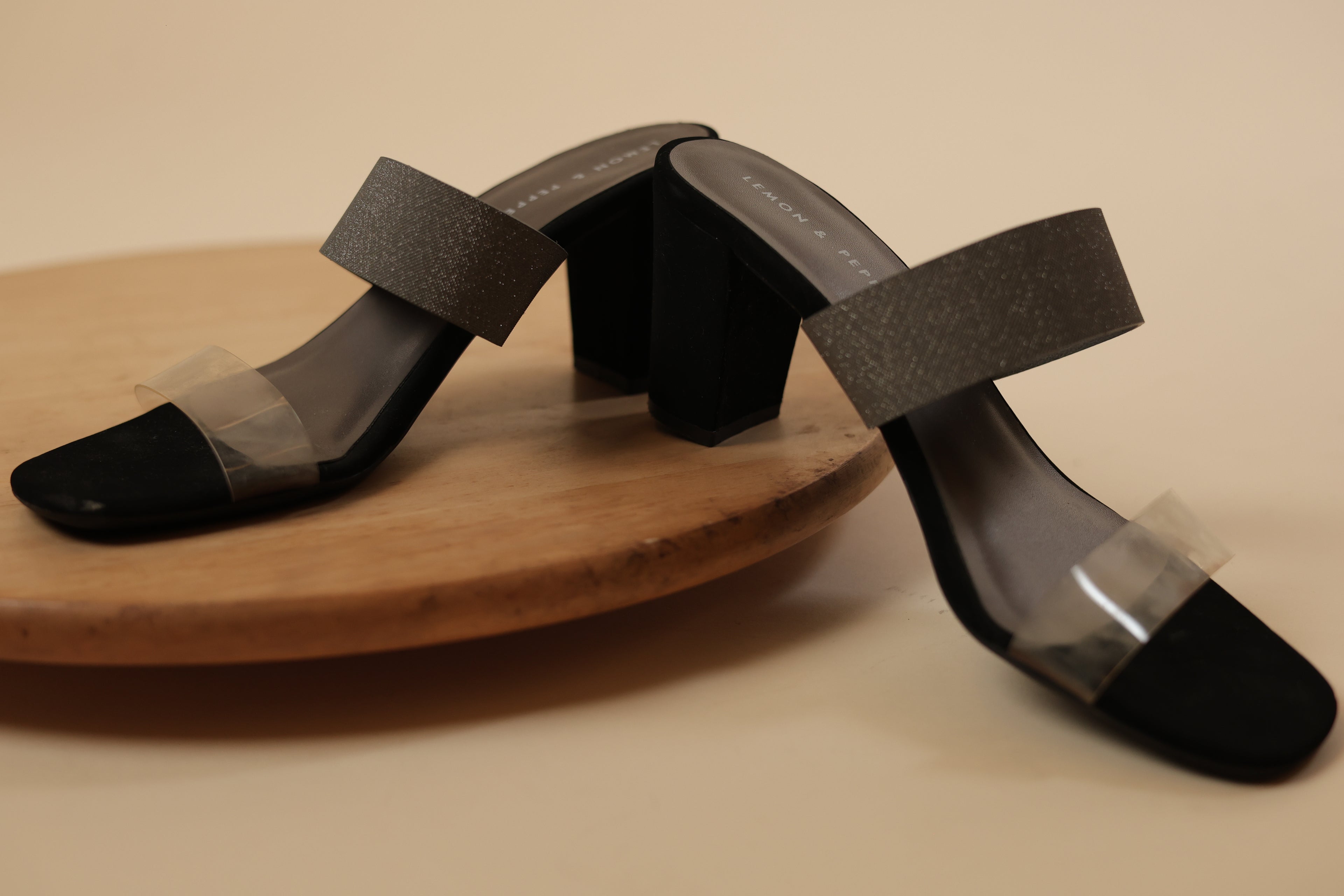 Grey Glitter & Black Block Heel Mules