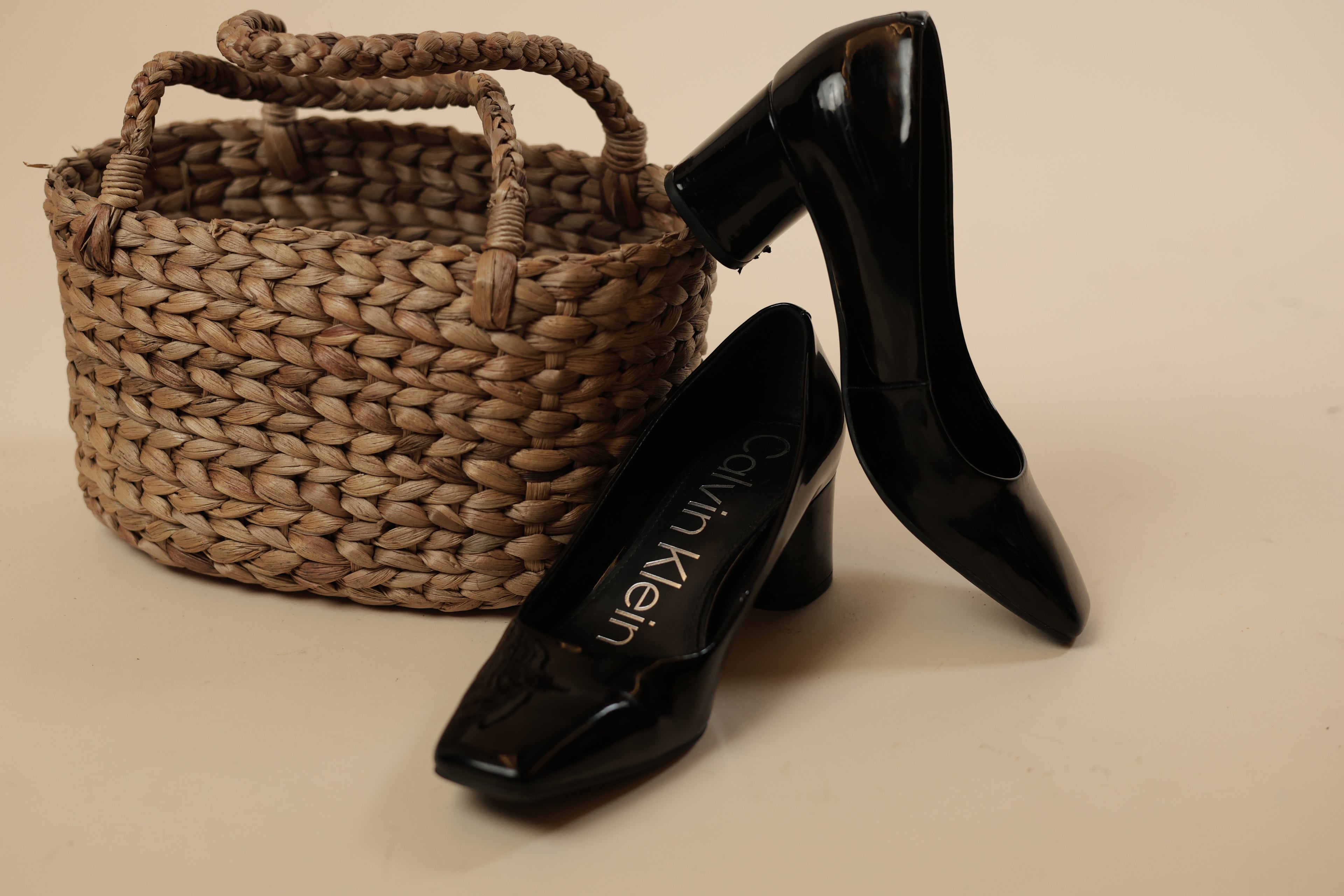 Black Patent Square-Toe Block Heels