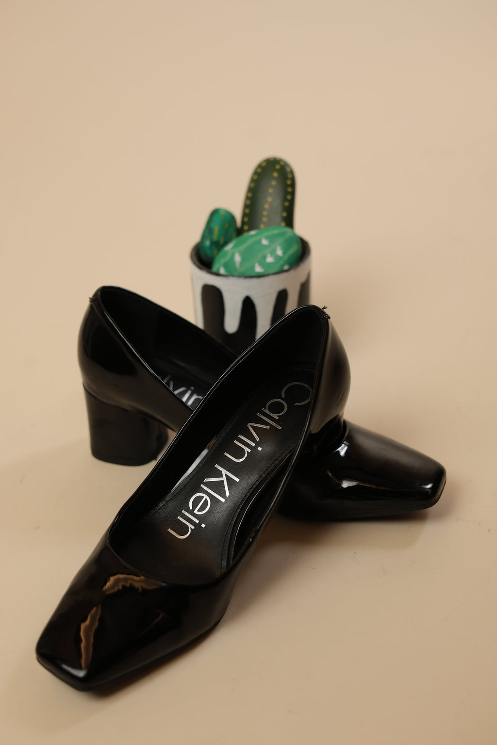 Black Patent Square-Toe Block Heels