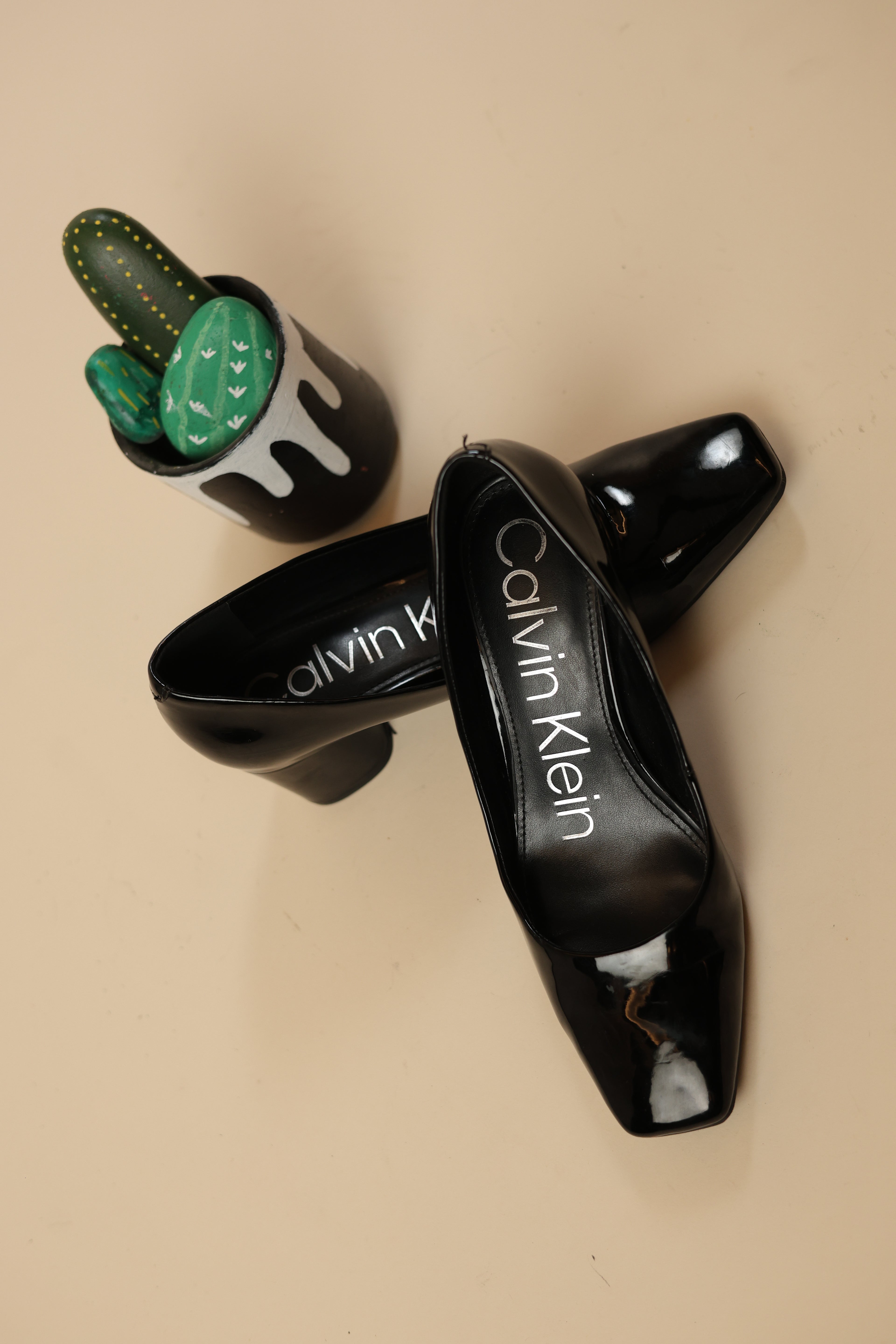 Black Patent Square-Toe Block Heels