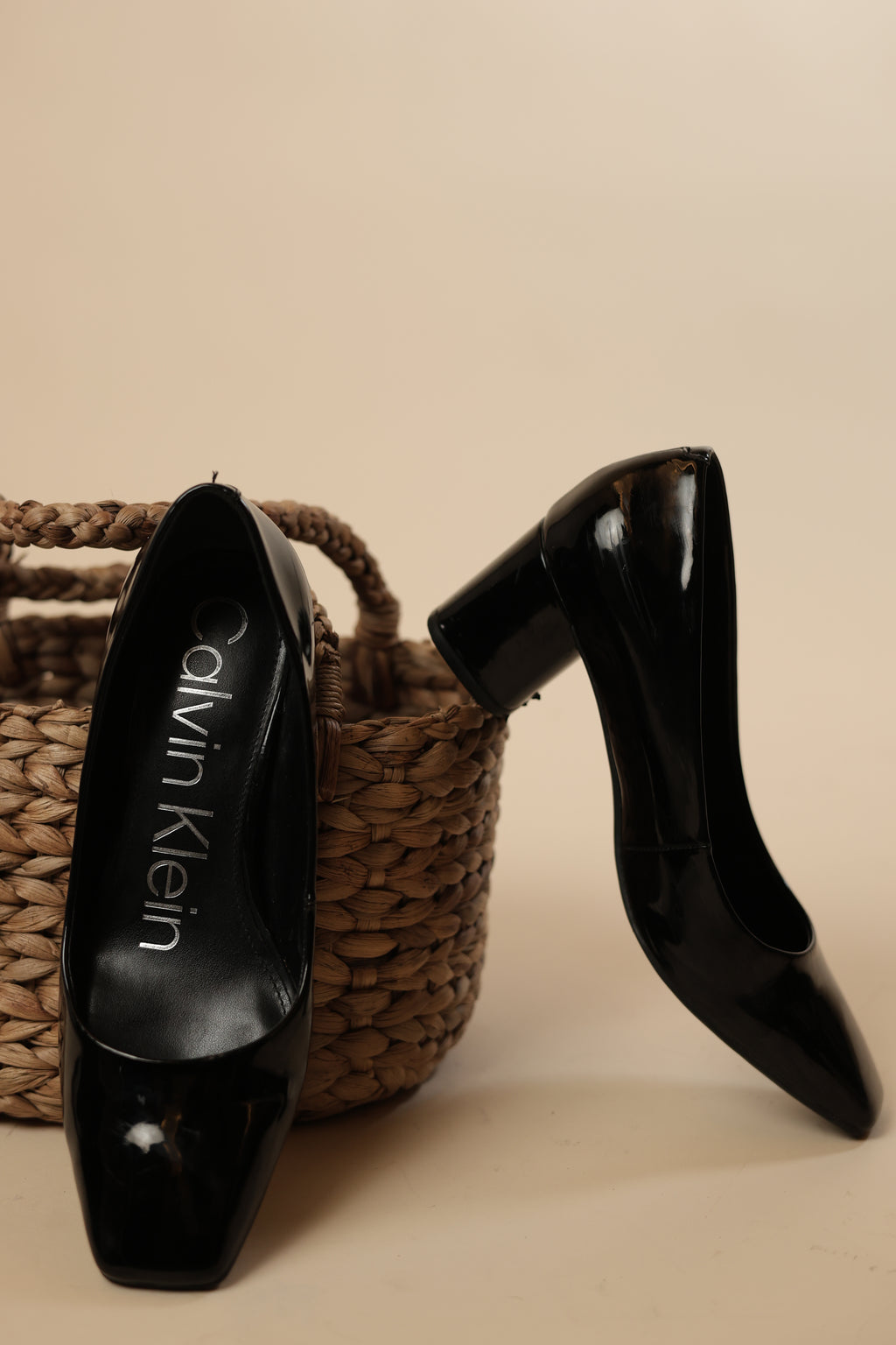 Black Patent Square-Toe Block Heels