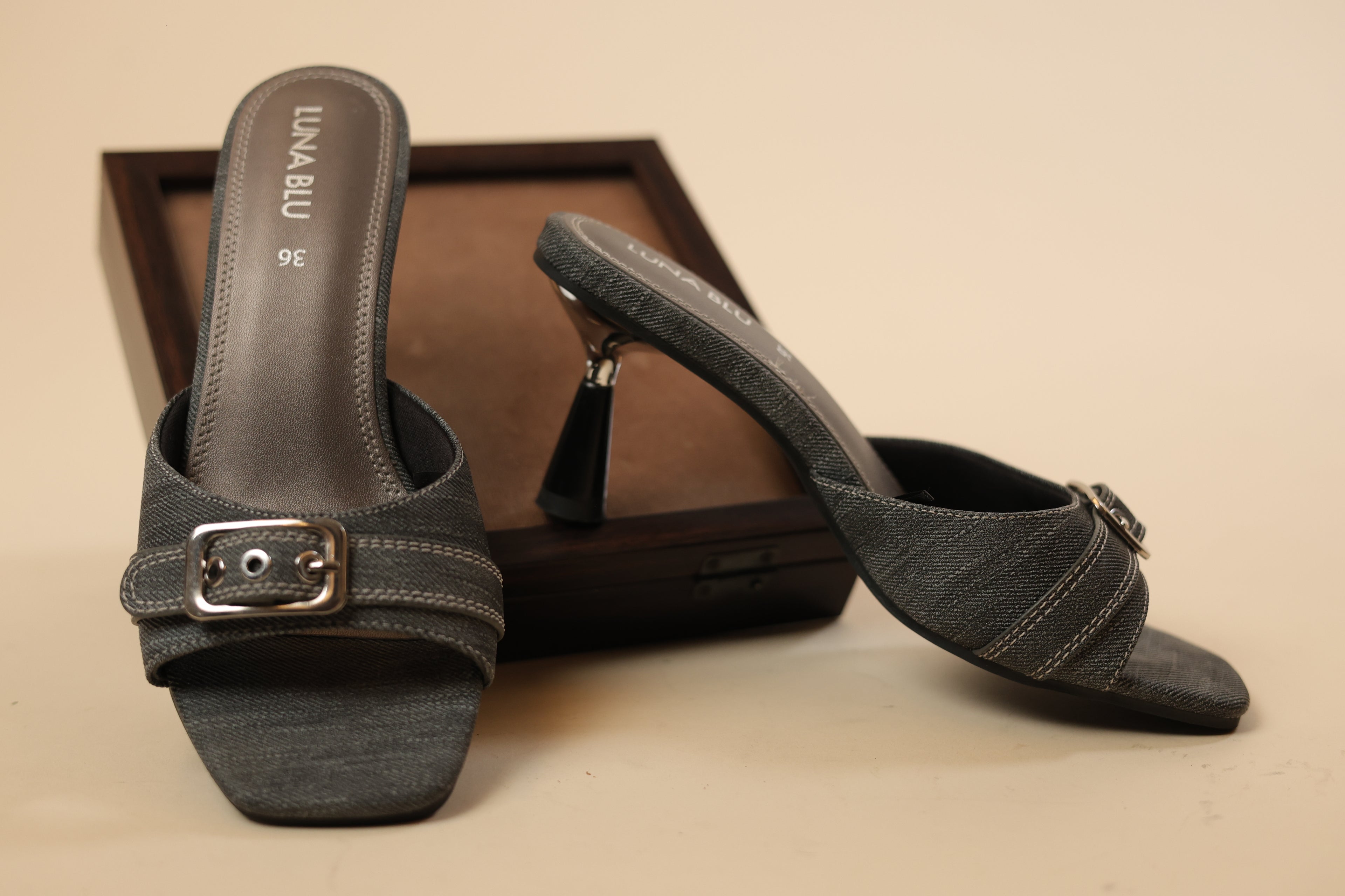 Grey Denim Buckle Slide Mules