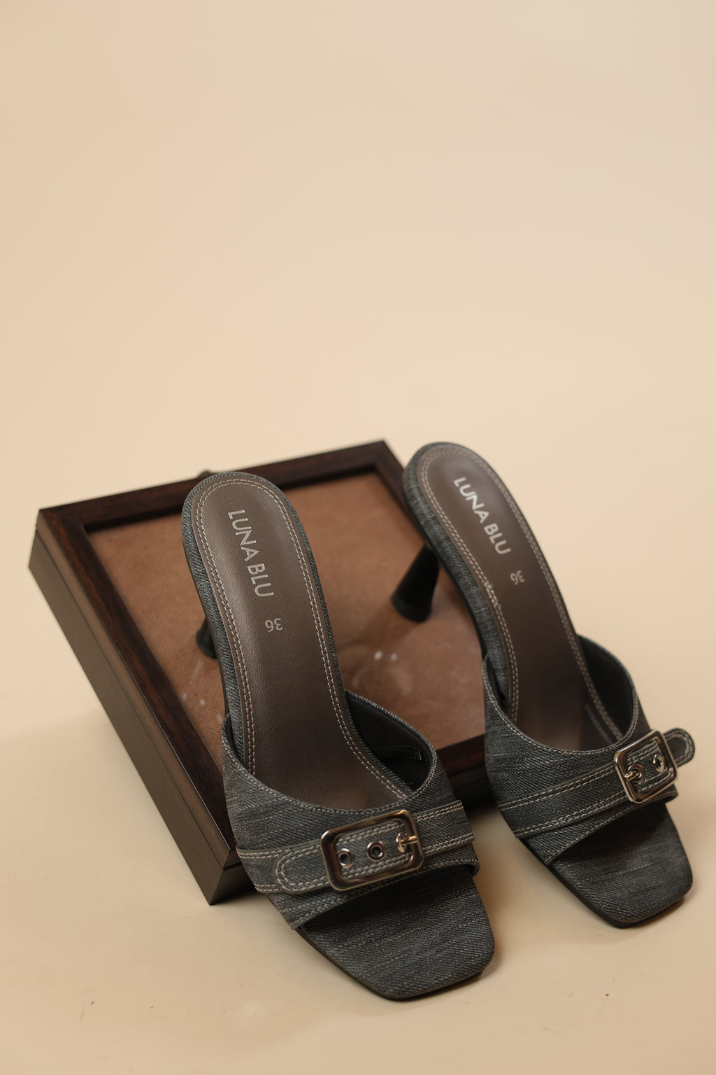 Grey Denim Buckle Slide Mules