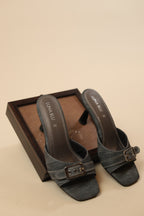 Grey Denim Buckle Slide Mules