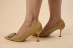 Nude Patent Pointed-Toe Pumps with Gold Buckle