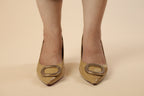 Nude Patent Pointed-Toe Pumps with Gold Buckle