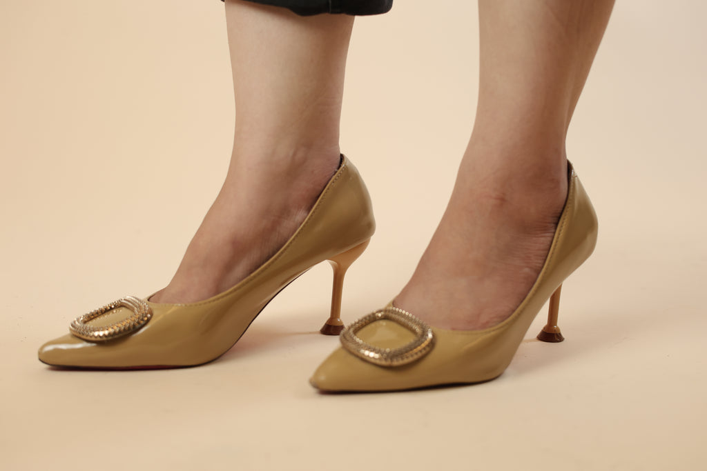 Nude Patent Pointed-Toe Pumps with Gold Buckle